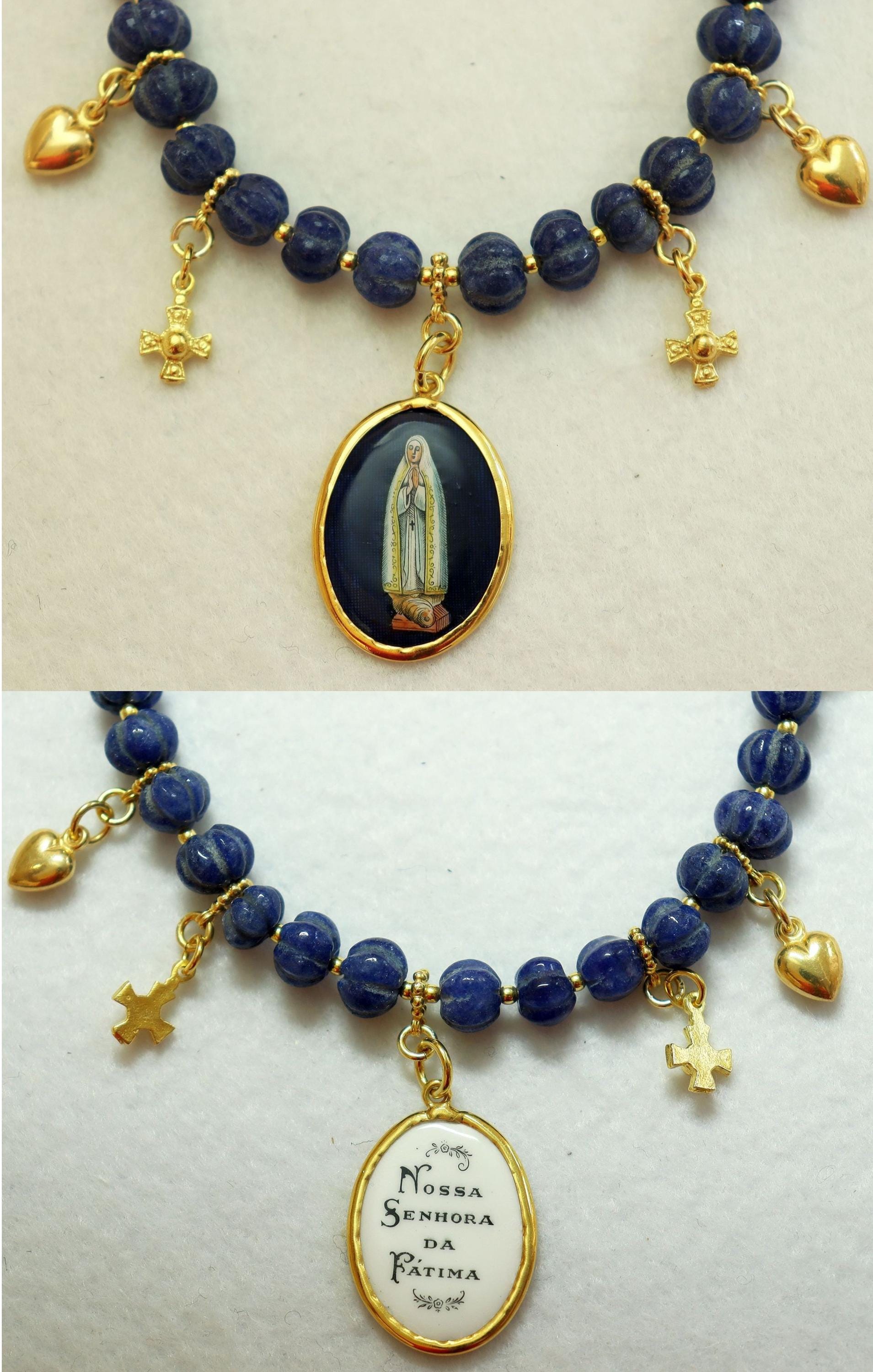 Genuine Sapphire & Vermeil Necklace w Early XXth Cent. Hand Painted Miniature Enameled Medal of our Lady of Fatima - Double face. XXXRare