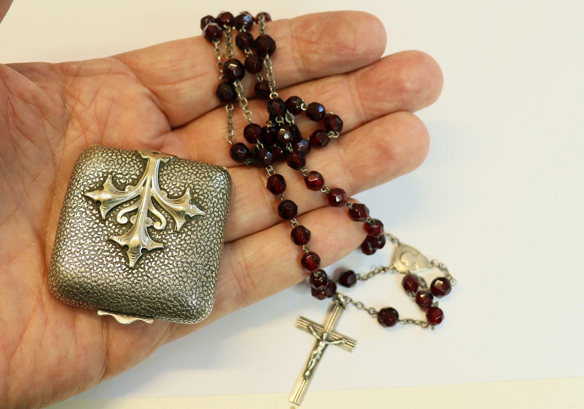 Vintage Faceted Garnet and Sterling Catholic Rosary in Art Nouveau Silver Box with Jesus Hand Drawing