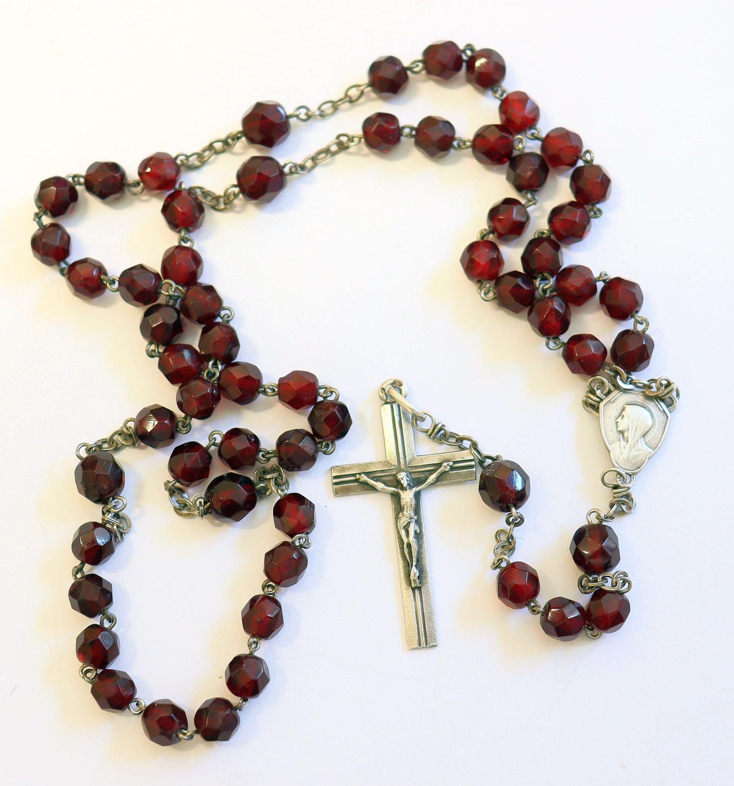 Vintage Faceted Garnet and Sterling Catholic Rosary in Art Nouveau Silver Box with Jesus Hand Drawing