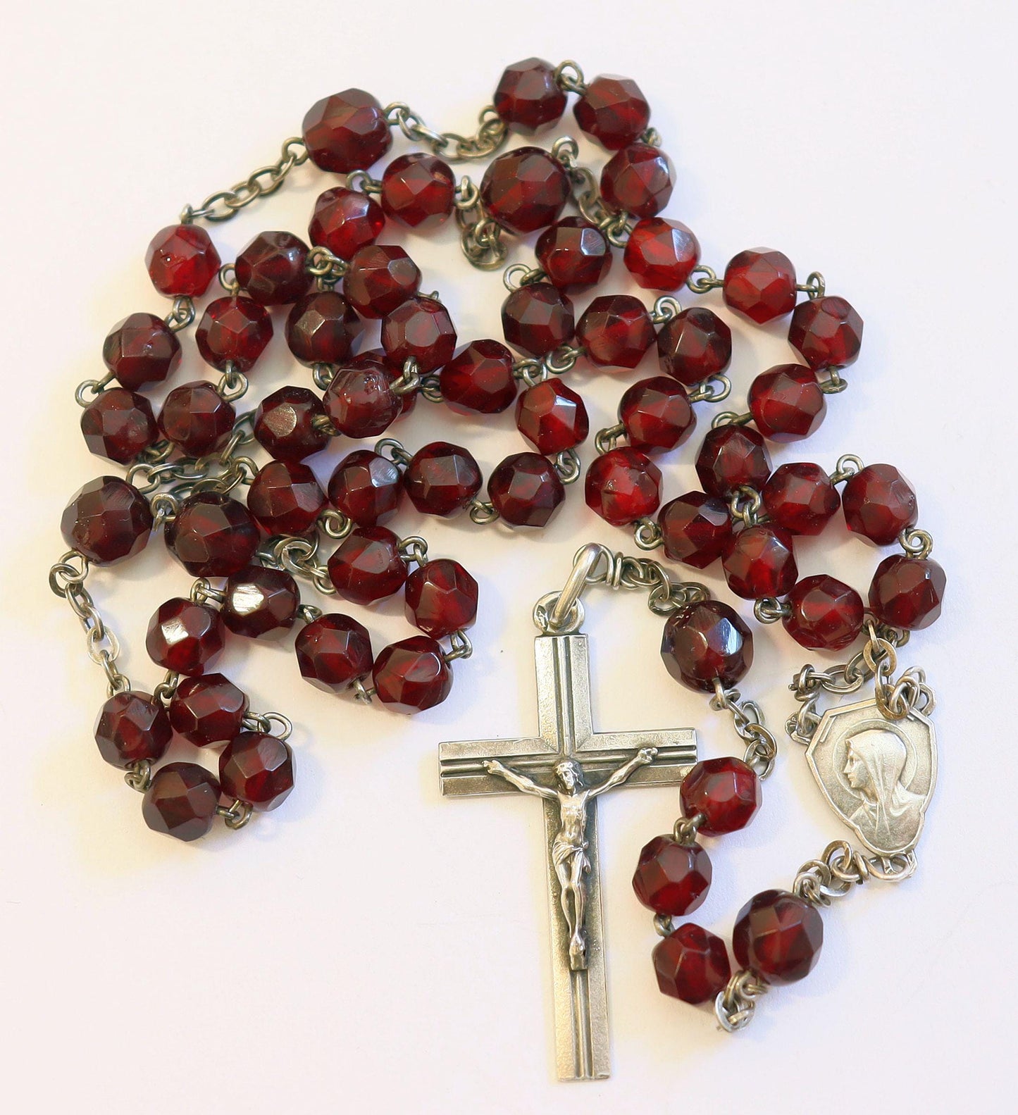 Vintage Faceted Garnet and Sterling Catholic Rosary in Art Nouveau Silver Box with Jesus Hand Drawing