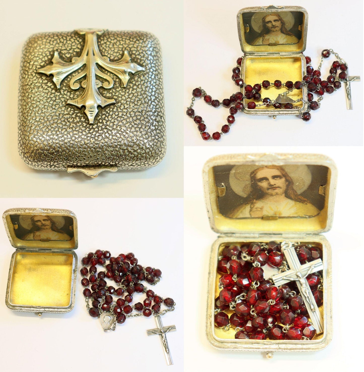 Vintage Faceted Garnet and Sterling Catholic Rosary in Art Nouveau Silver Box with Jesus Hand Drawing