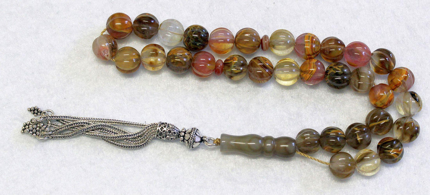 Luxury Prayer Worry Beads Tesbih Volcano Cherry Quartz and Sterling Silver Top Quality - Collector's item