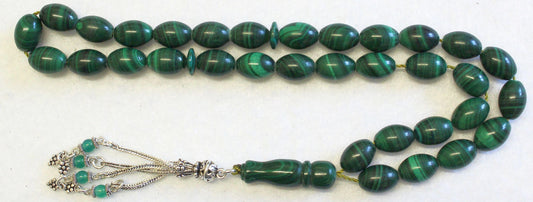 Exceptional AA Grade Malachite & Sterling Silver Prayer Beads Tesbih Rosary -Top quality - Imame also in Maachite, Rare Collector's