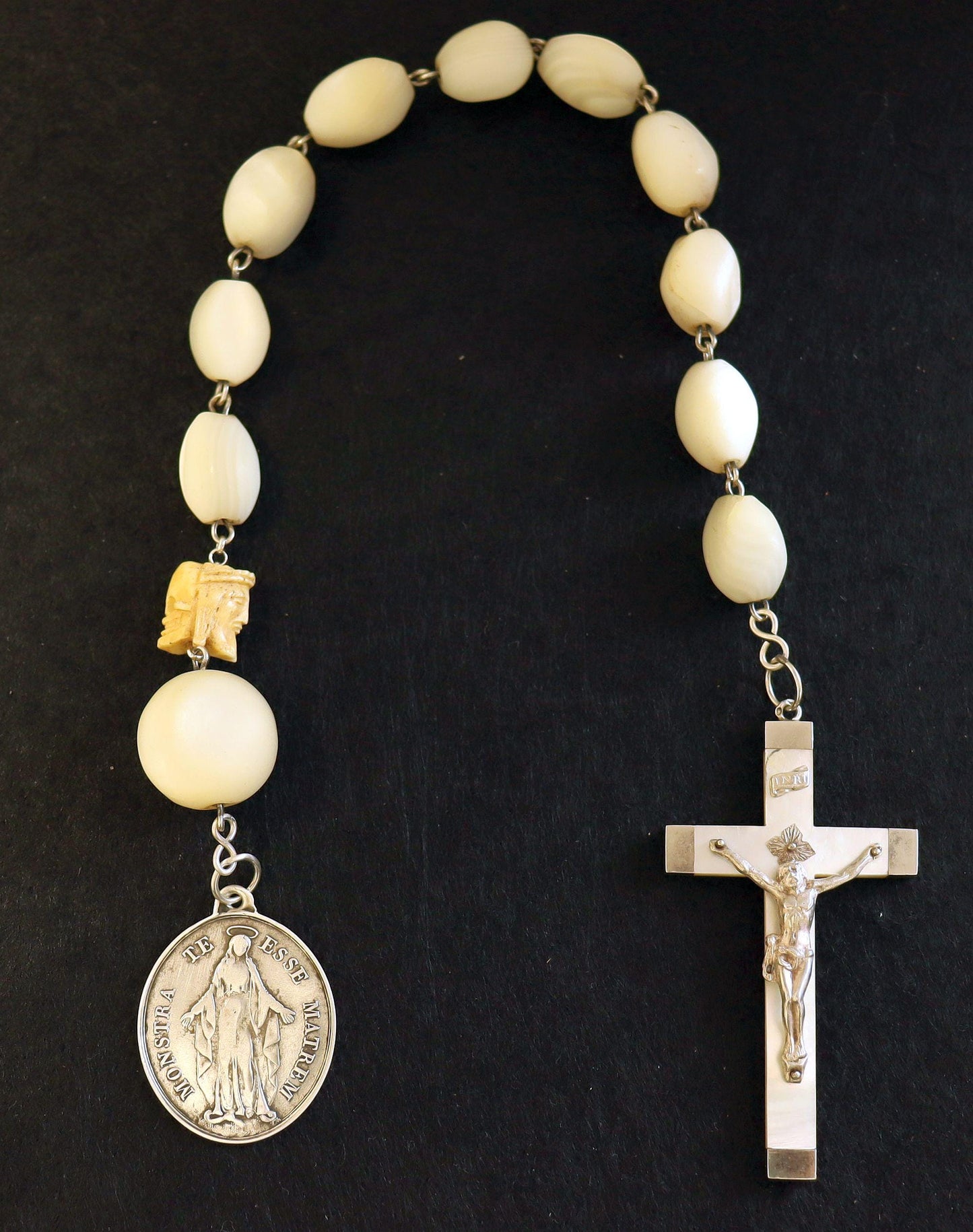 1877 MOP and Sterling V. Large Chaplet w Janus Memento Mori & Medal Children of Mary -- Antique of Extreme Rarity