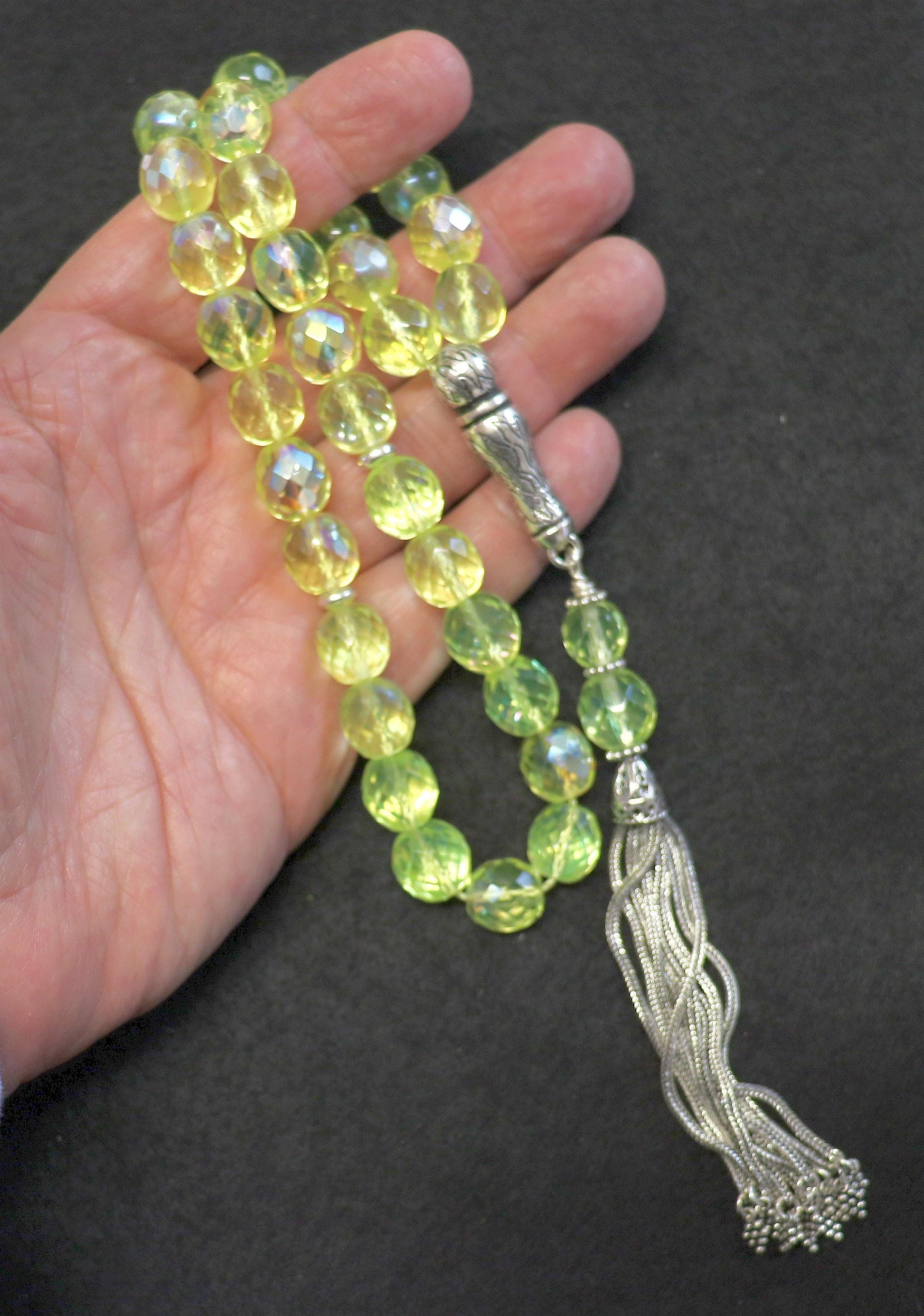 Vintage Uranium Glass Prayer Beads: Sterling Silver Tassel, Faceted Tesbih