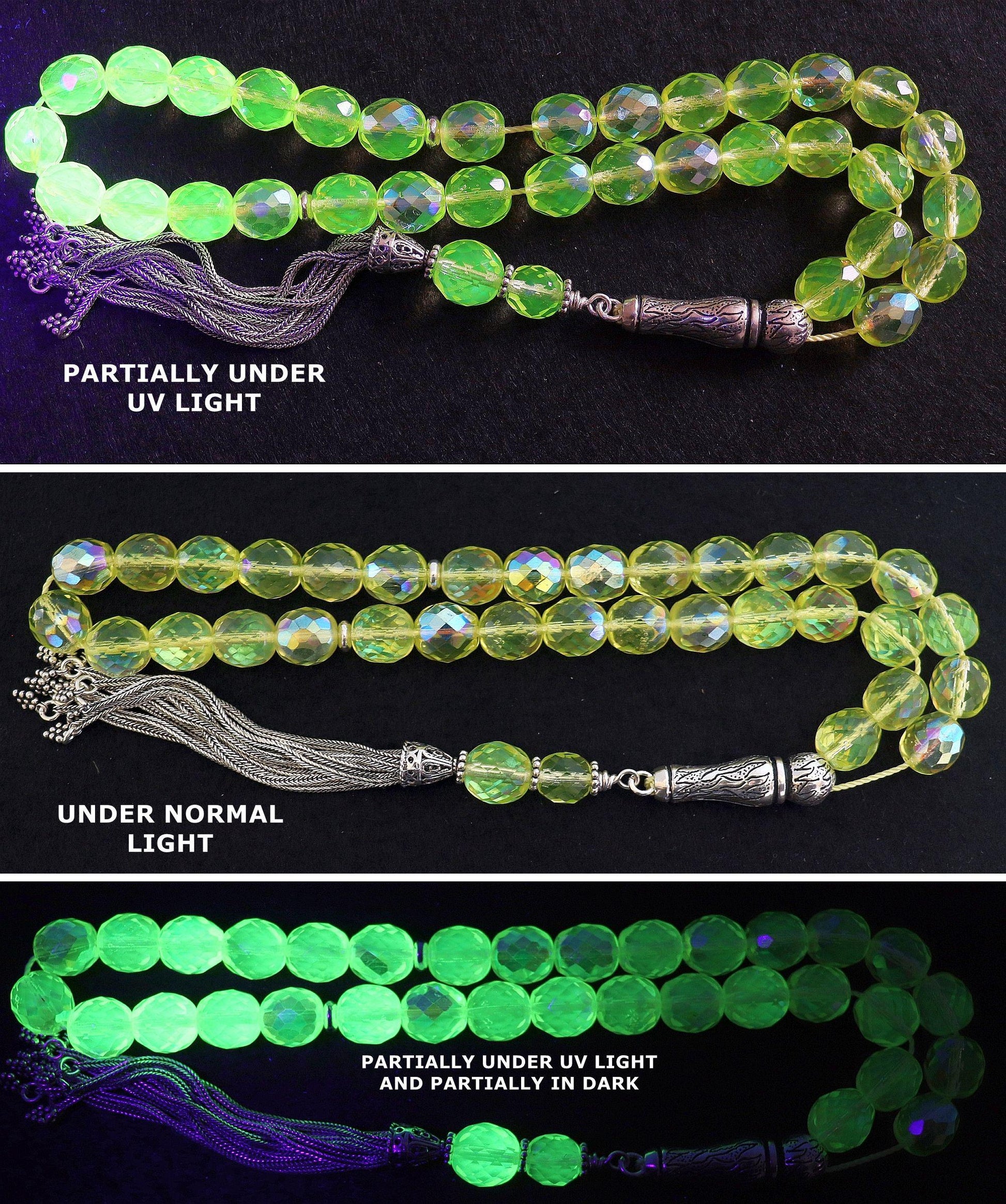 Vintage Uranium Glass Prayer Beads: Sterling Silver Tassel, Faceted Tesbih