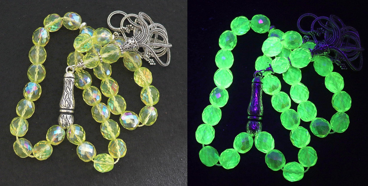 Vintage Uranium Glass Prayer Beads: Sterling Silver Tassel, Faceted Tesbih