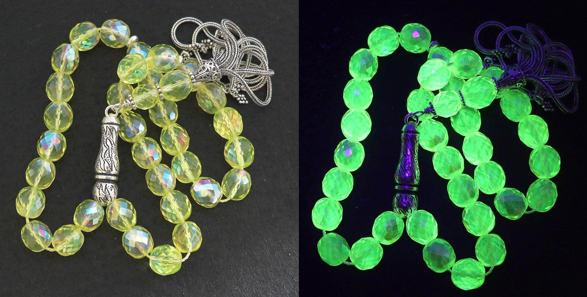 Vintage Uranium Glass Prayer Beads: Sterling Silver Tassel, Faceted Tesbih