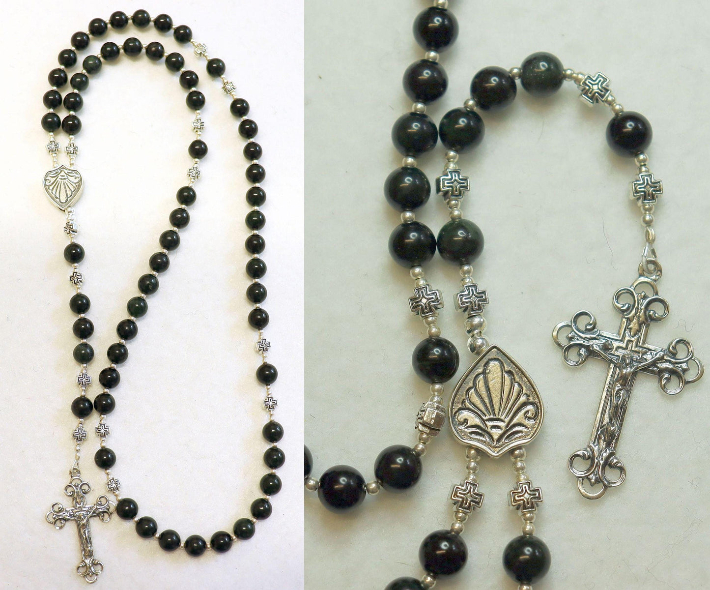 Catholic Rosary Prayer Beads Very Dark Green to Black- Canadian Jade & Sterling Silver