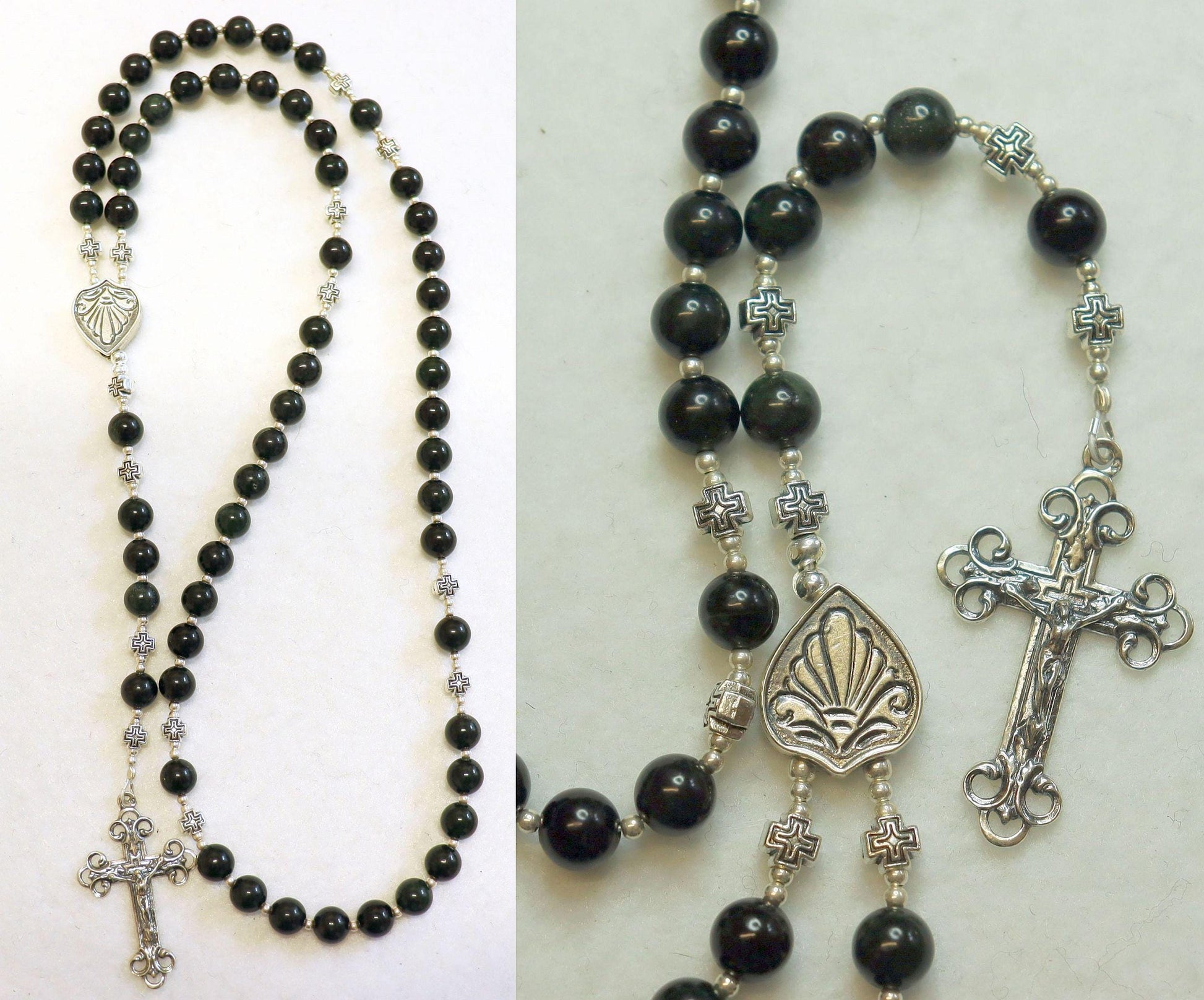 Catholic Rosary Prayer Beads Very Dark Green to Black- Canadian Jade & Sterling Silver