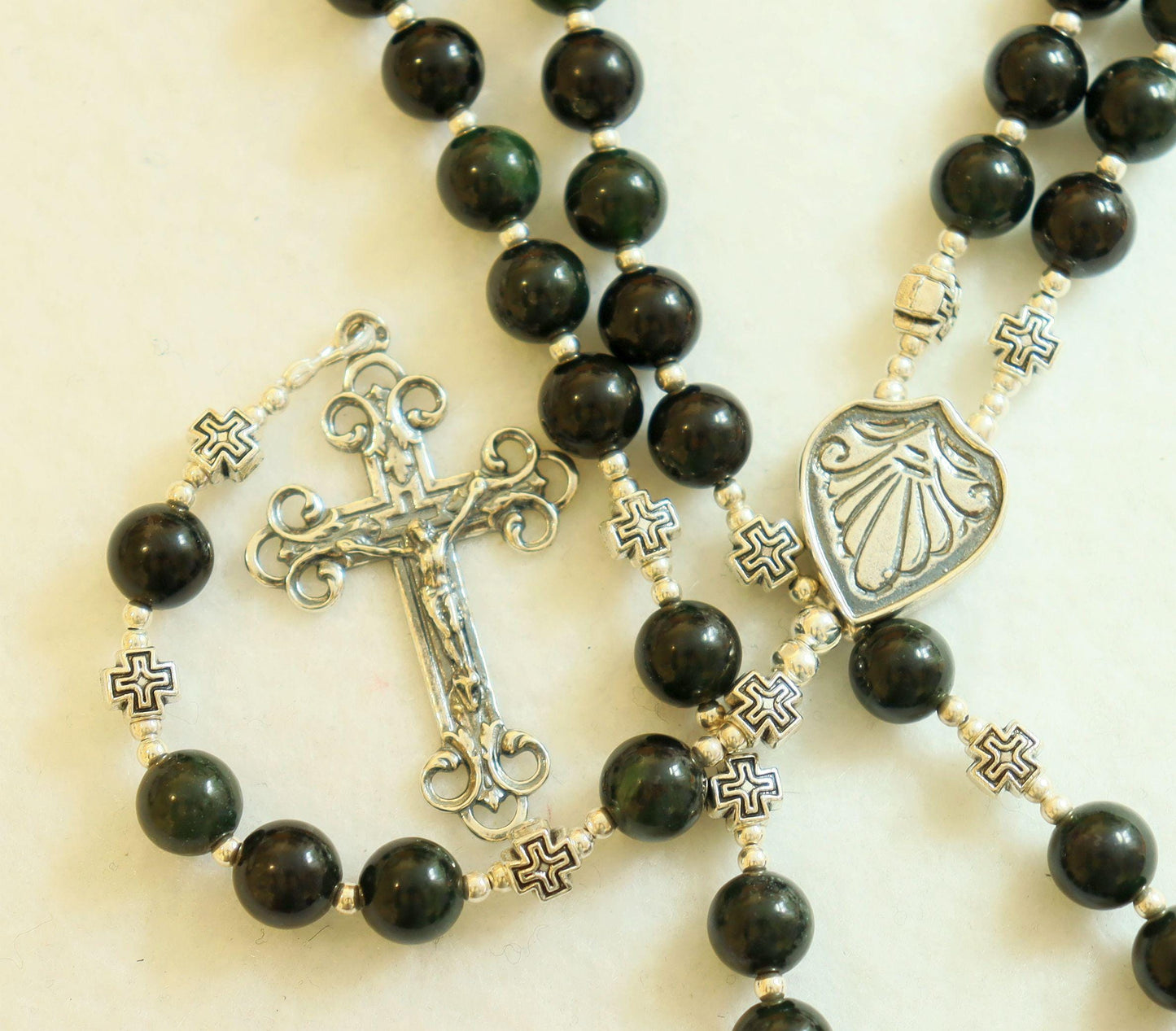 Catholic Rosary Prayer Beads Very Dark Green to Black- Canadian Jade & Sterling Silver