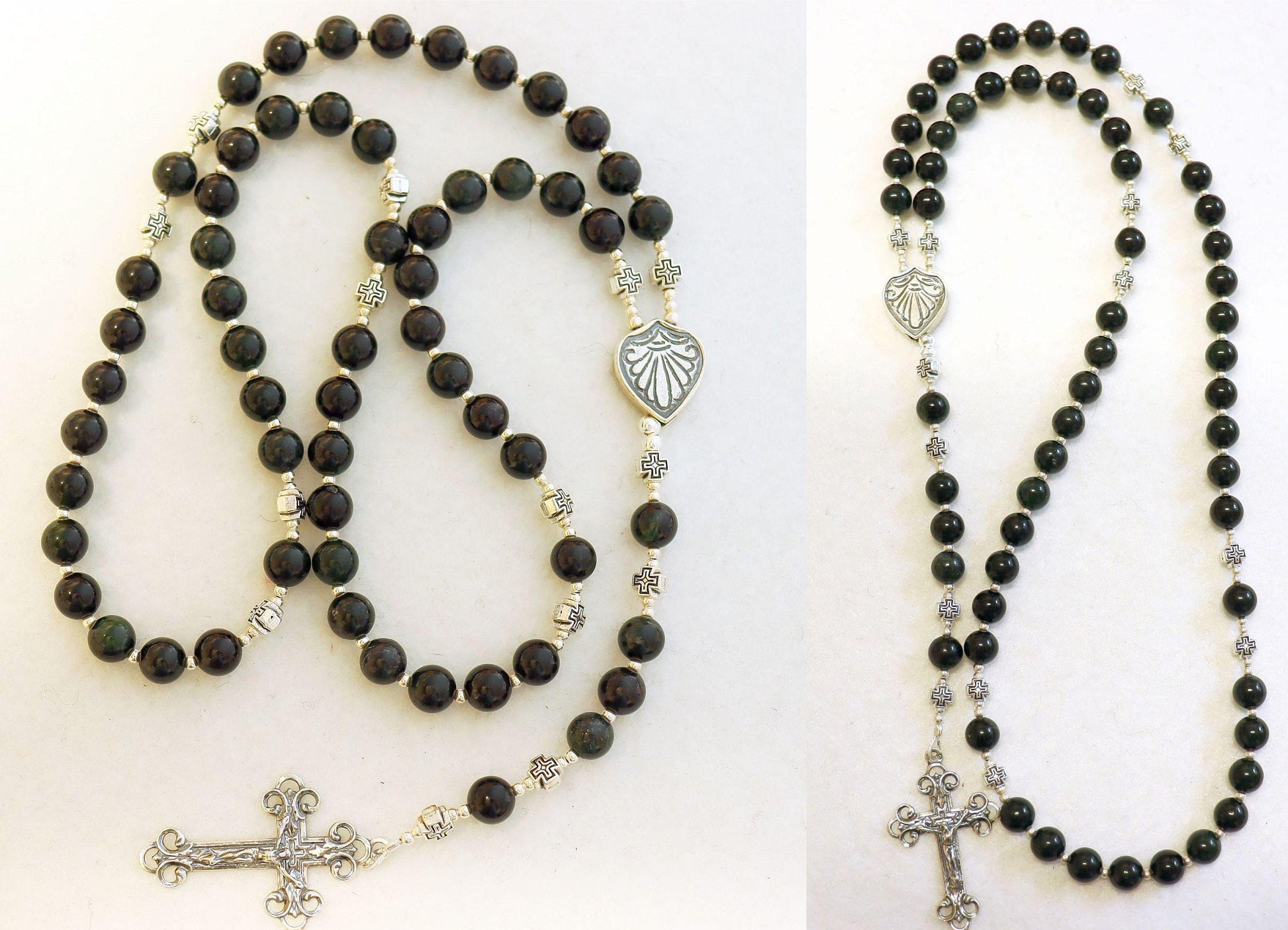 Catholic Rosary Prayer Beads Very Dark Green to Black- Canadian Jade & Sterling Silver