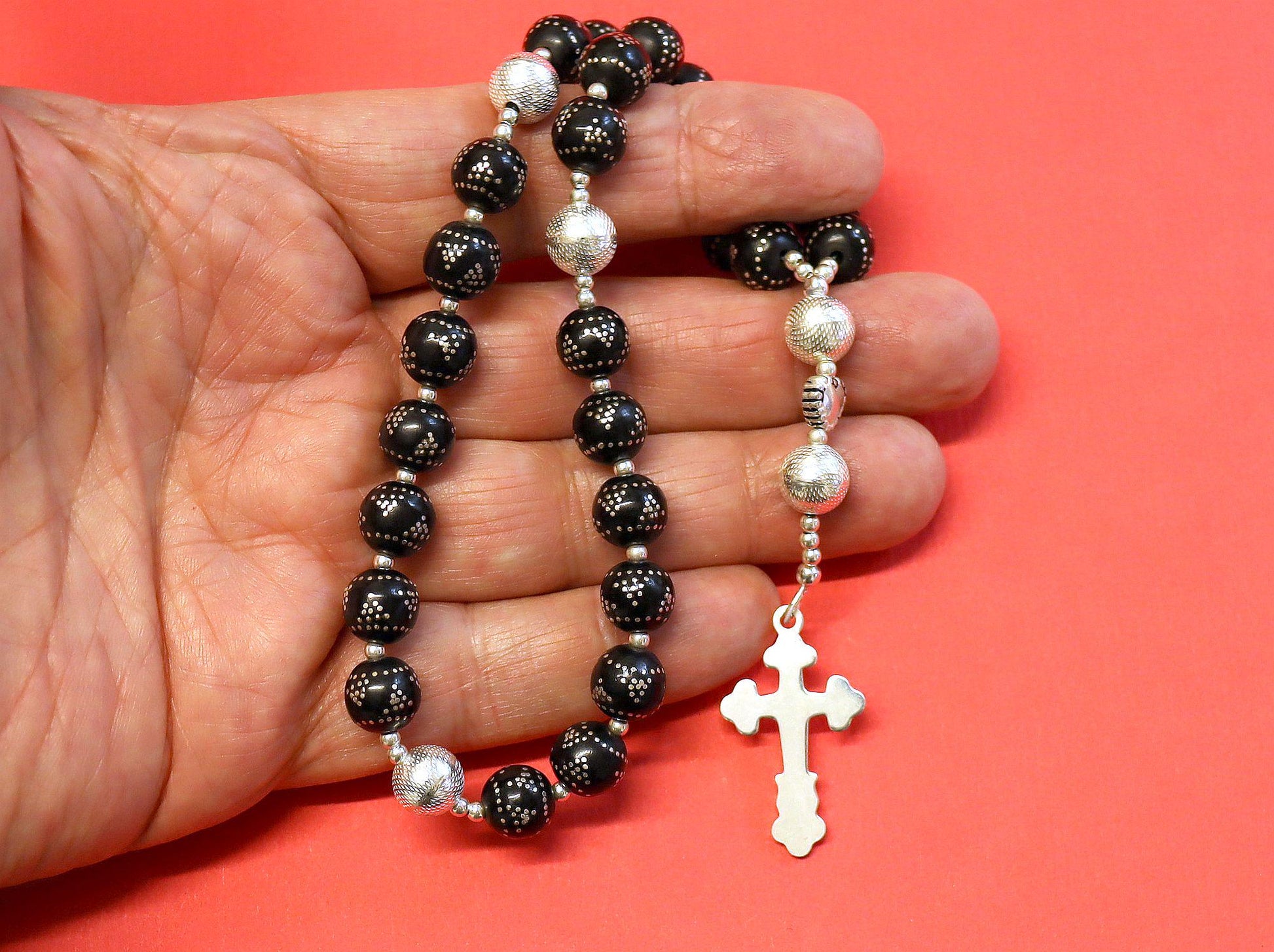 Anglican Episcopal Rosary Studded Jet & Sterling Silver Beads and Cross