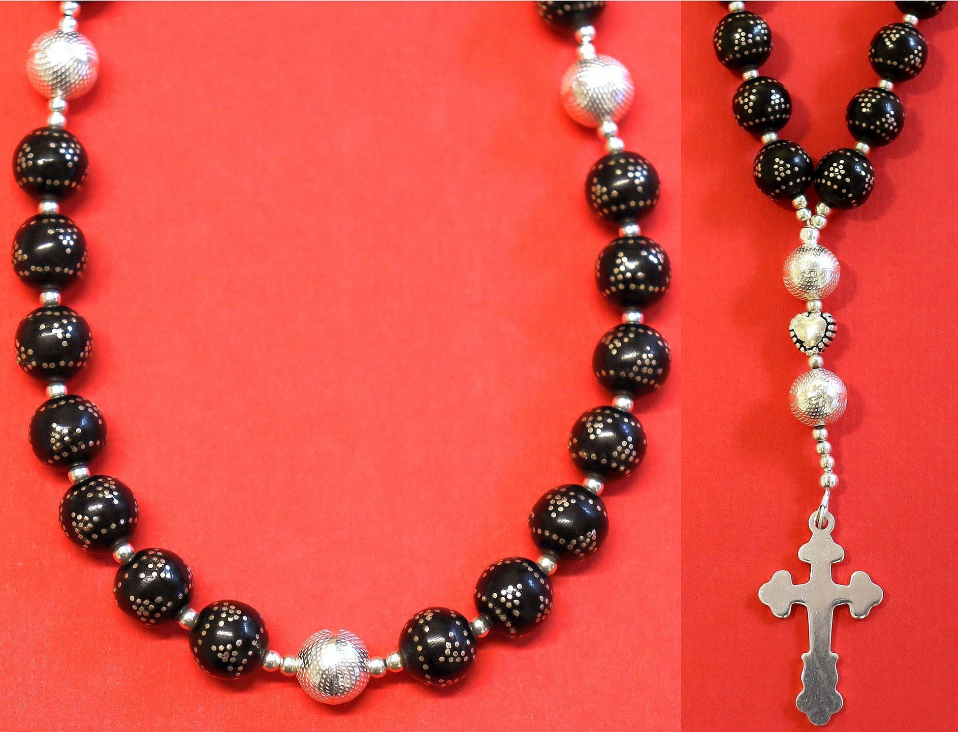 Anglican Episcopal Rosary Studded Jet & Sterling Silver Beads and Cross
