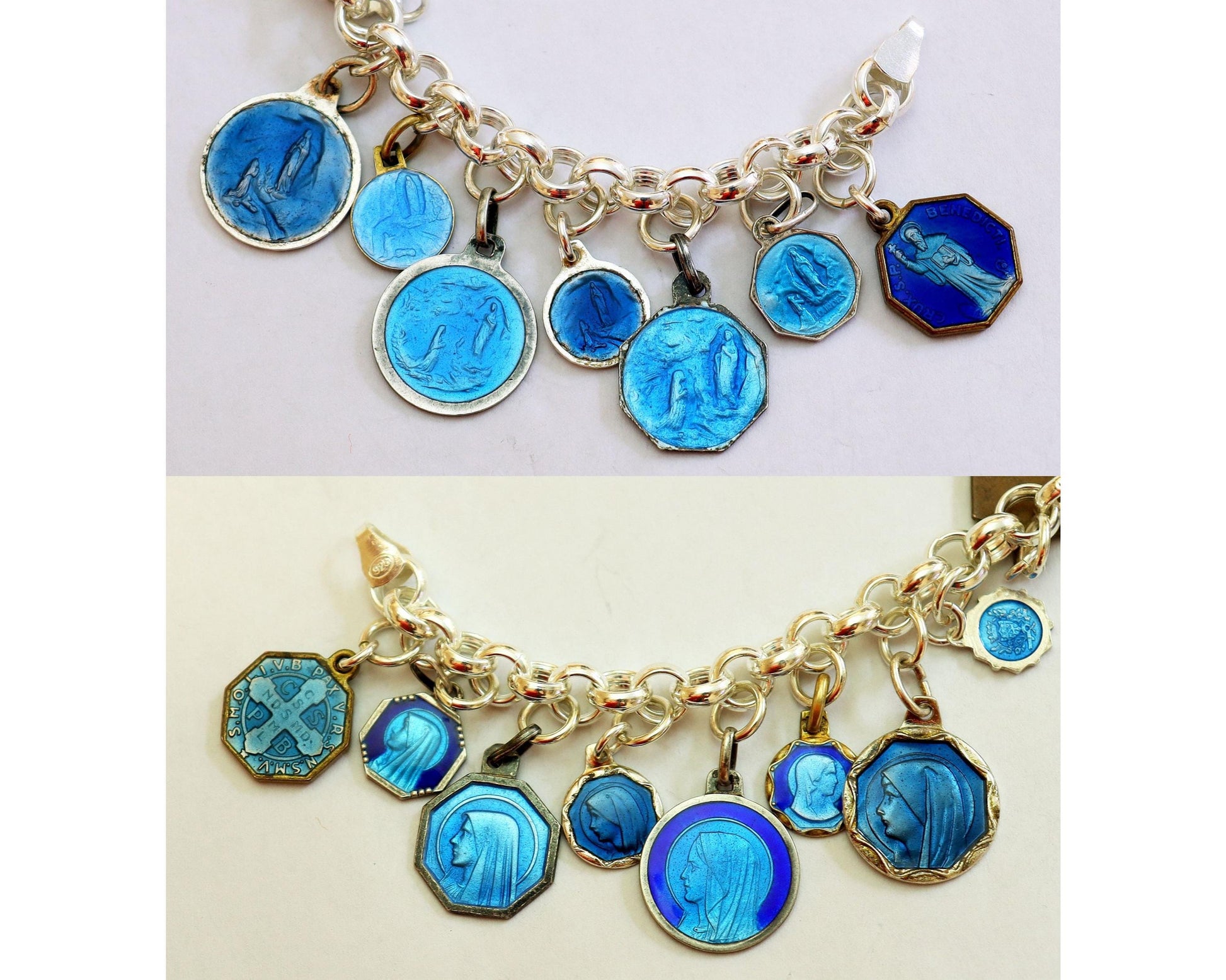 Vintage Charm Bracelet w 20 Sterling Silver Rare Religious Medals Enameled on Both Sides, All Pristine, on heavy & large Sterling Chain