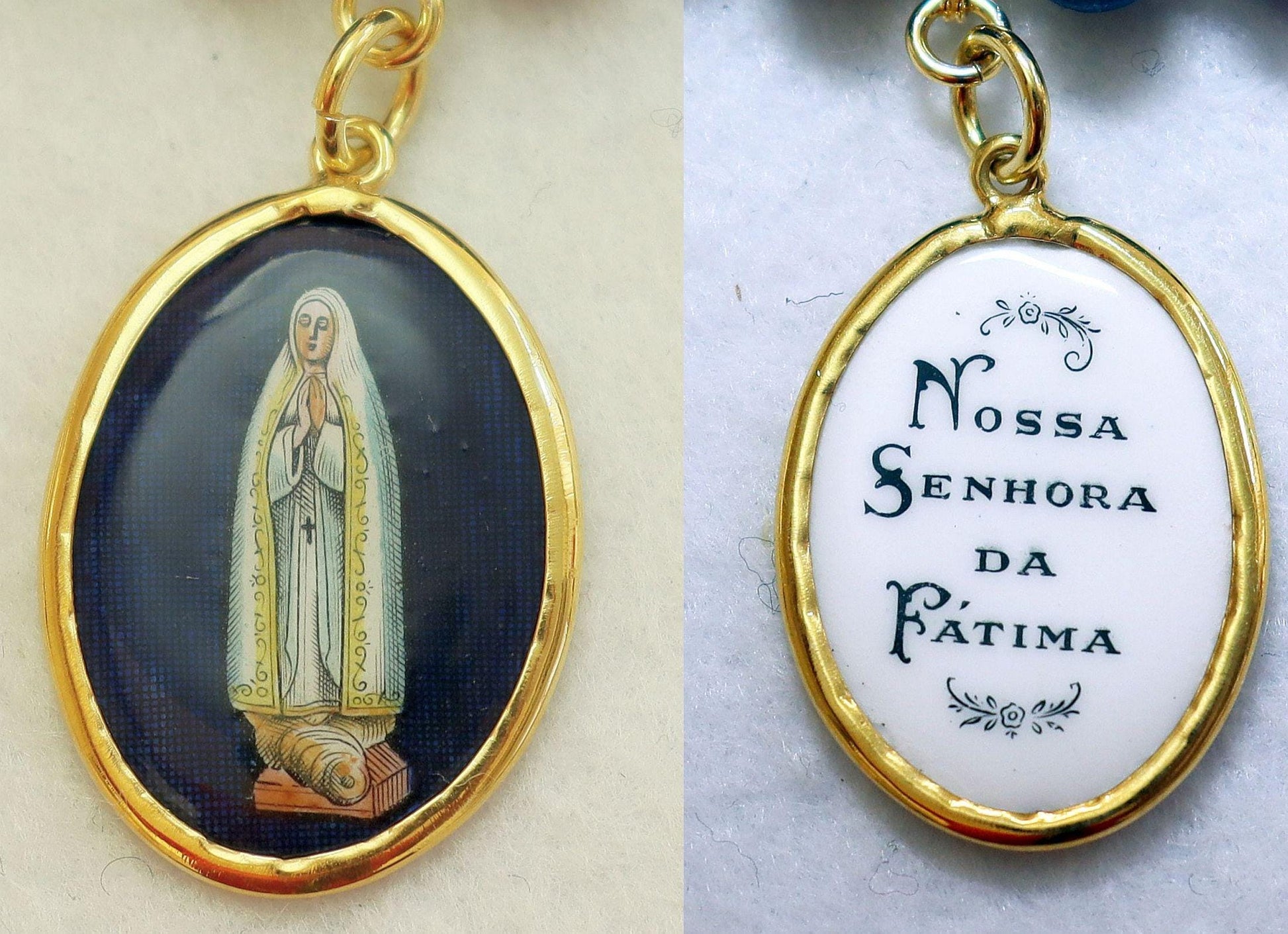 Genuine Sapphire & Vermeil Necklace w Early XXth Cent. Hand Painted Miniature Enameled Medal of our Lady of Fatima - Double face. XXXRare