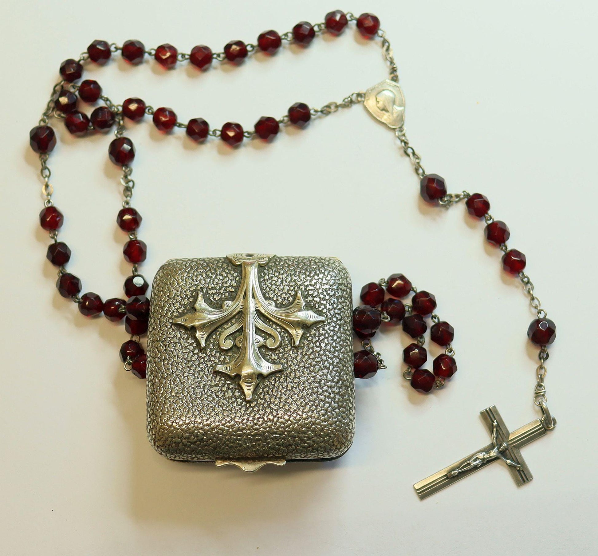 Vintage Faceted Garnet and Sterling Catholic Rosary in Art Nouveau Silver Box with Jesus Hand Drawing