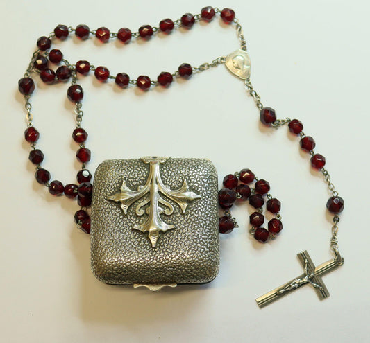 Vintage Faceted Garnet and Sterling Catholic Rosary in Art Nouveau Silver Box with Jesus Hand Drawing