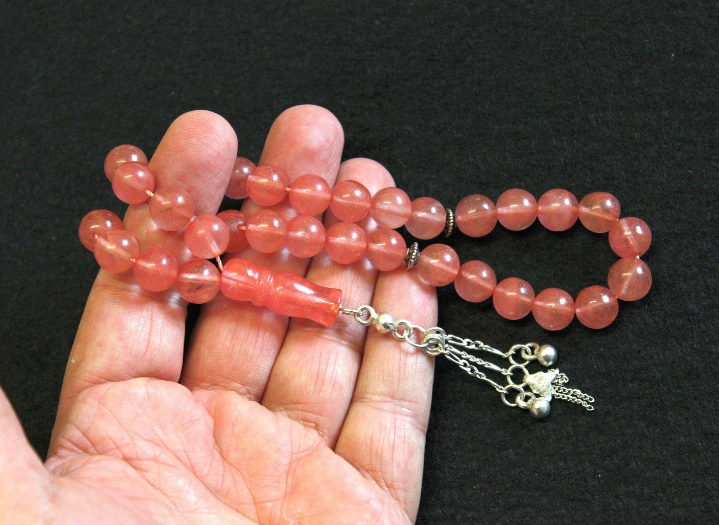 Luxury Prayer Beads Tesbih AA Round Pink Quartz and Sterling Silver - Top Quality - Collector's