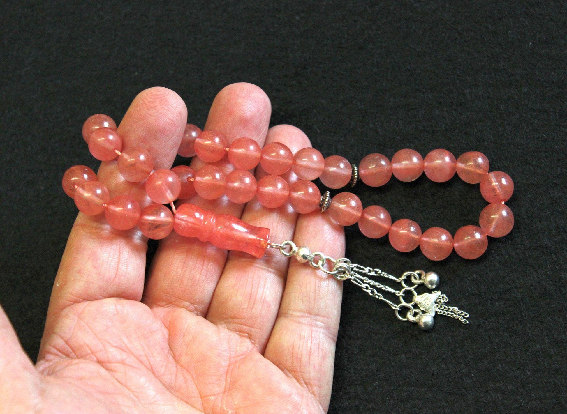 Luxury Prayer Beads Tesbih AA Round Pink Quartz and Sterling Silver - Top Quality - Collector's