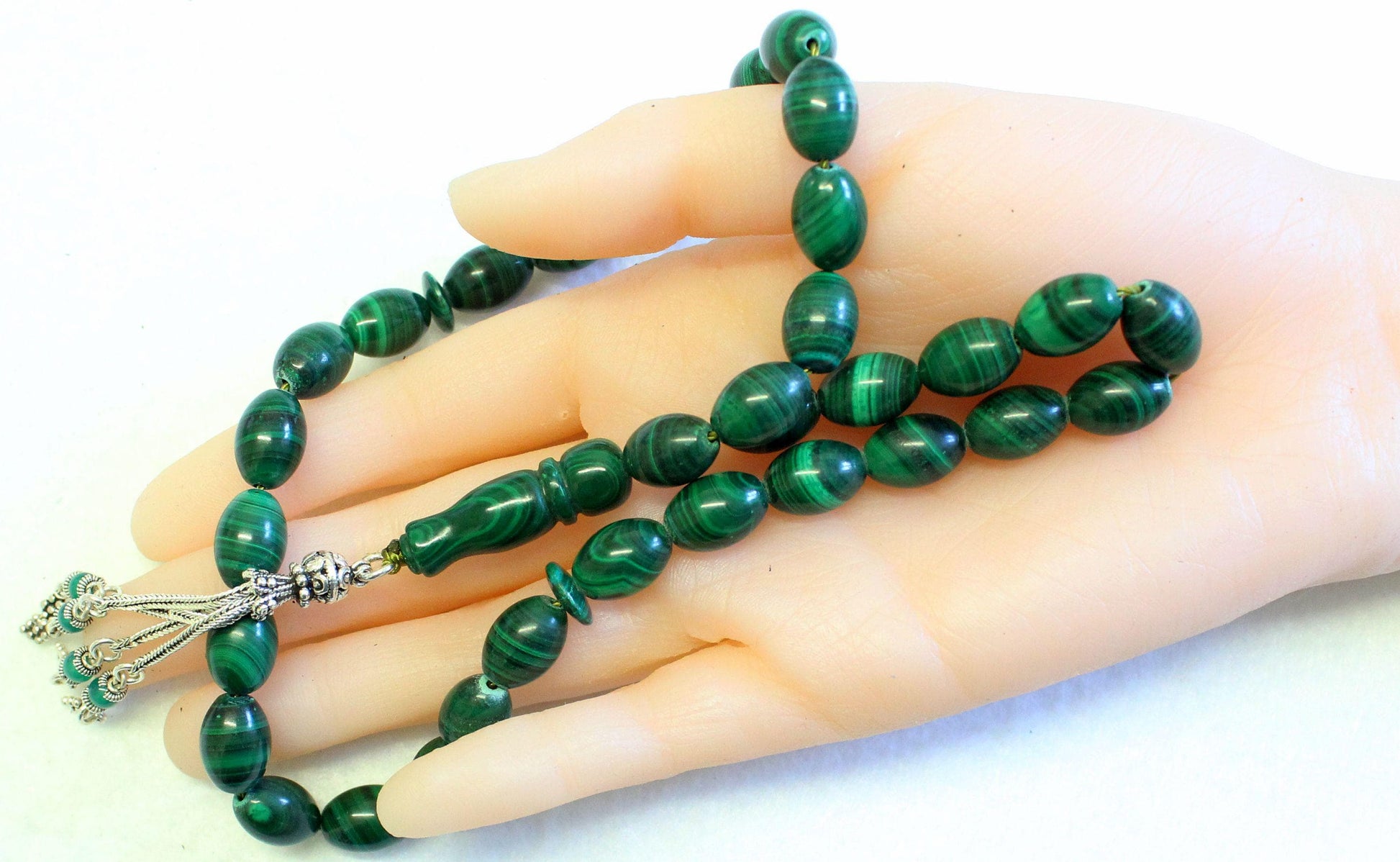 Exceptional AA Grade Malachite & Sterling Silver Prayer Beads Tesbih Rosary -Top quality - Imame also in Maachite, Rare Collector's