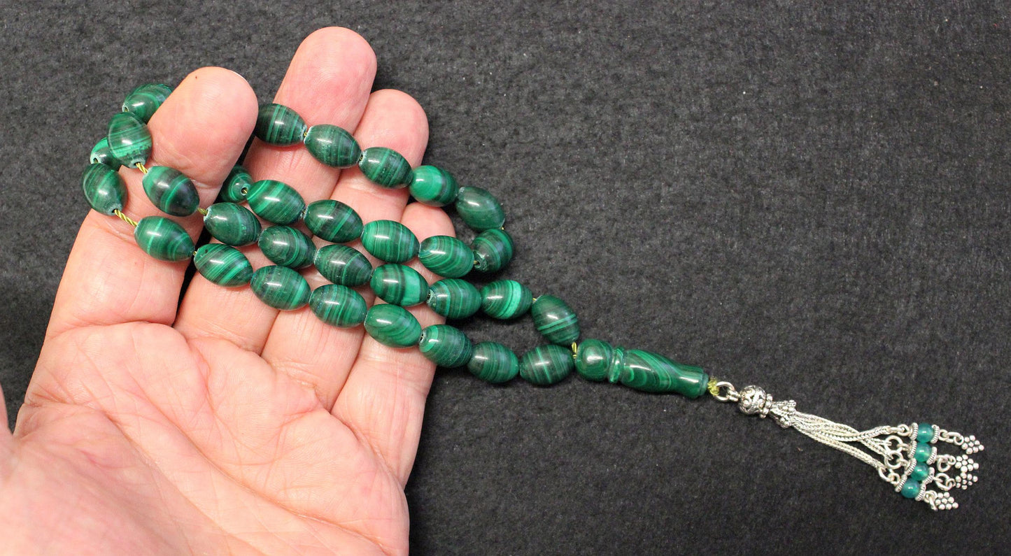 Exceptional AA Grade Malachite & Sterling Silver Prayer Beads Tesbih Rosary -Top quality - Imame also in Maachite, Rare Collector's