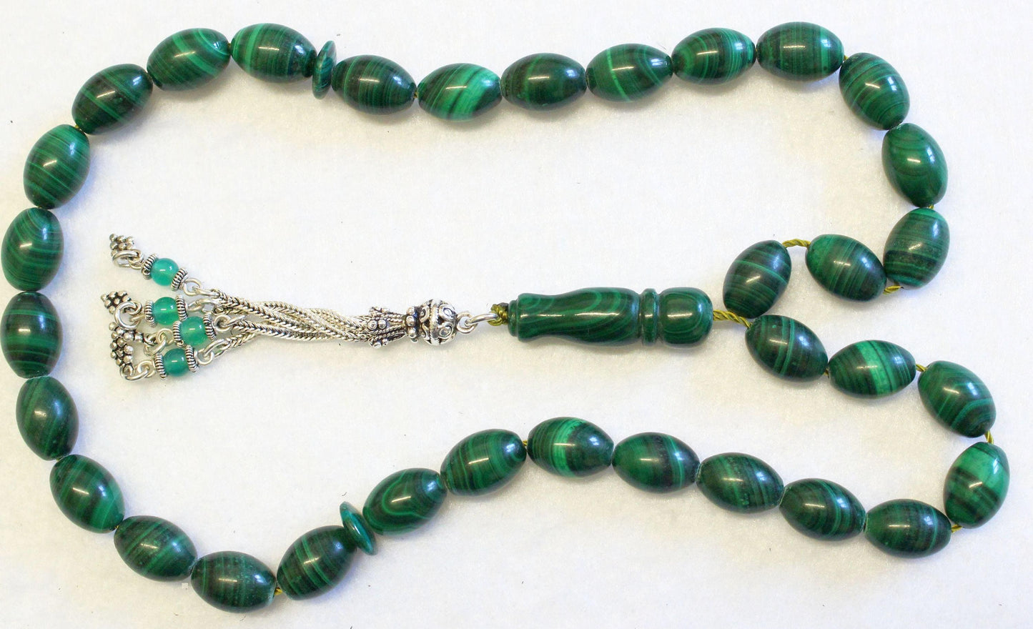 Exceptional AA Grade Malachite & Sterling Silver Prayer Beads Tesbih Rosary -Top quality - Imame also in Maachite, Rare Collector's