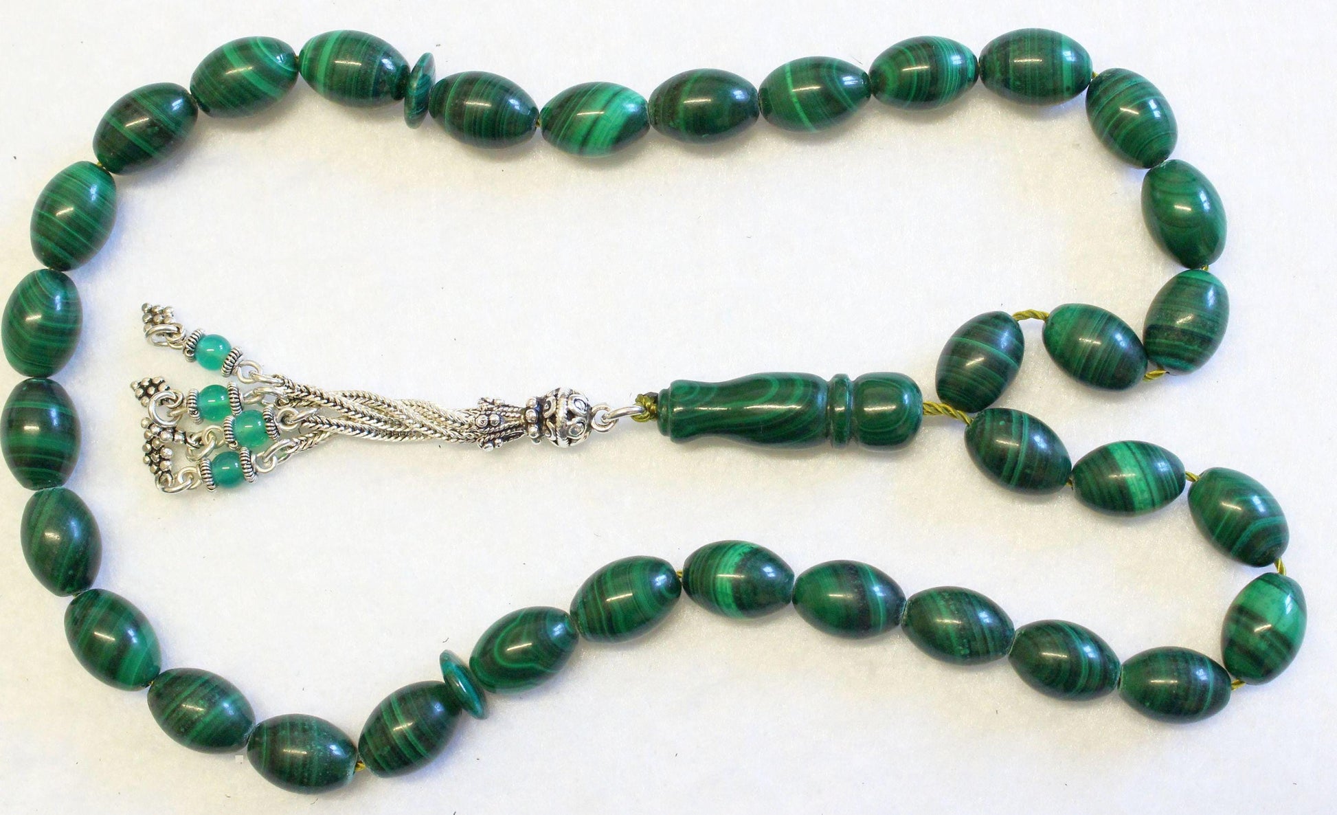 Malachite Prayer Beads Tesbih Rosary: Sterling Silver Tassel, Collector's Item