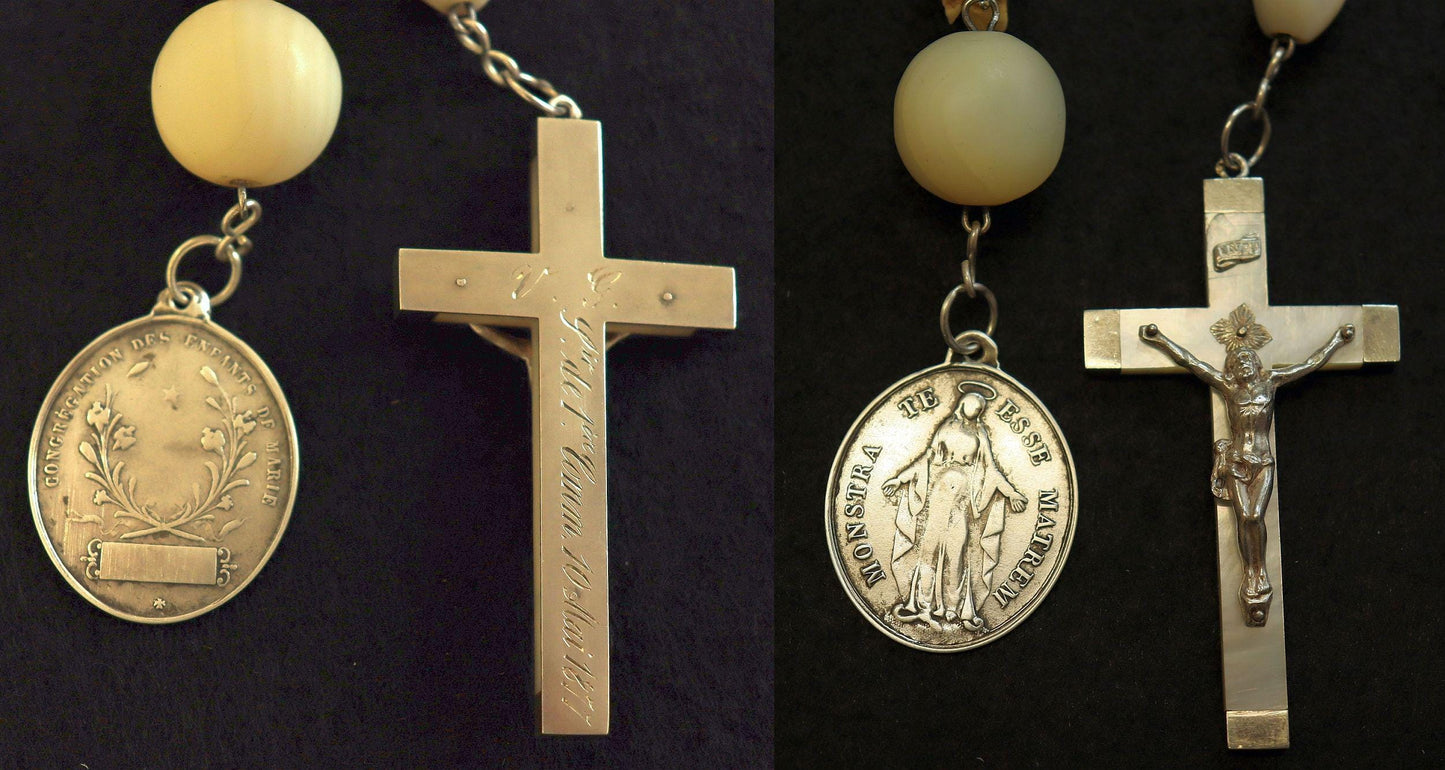 1877 MOP and Sterling V. Large Chaplet w Janus Memento Mori & Medal Children of Mary -- Antique of Extreme Rarity