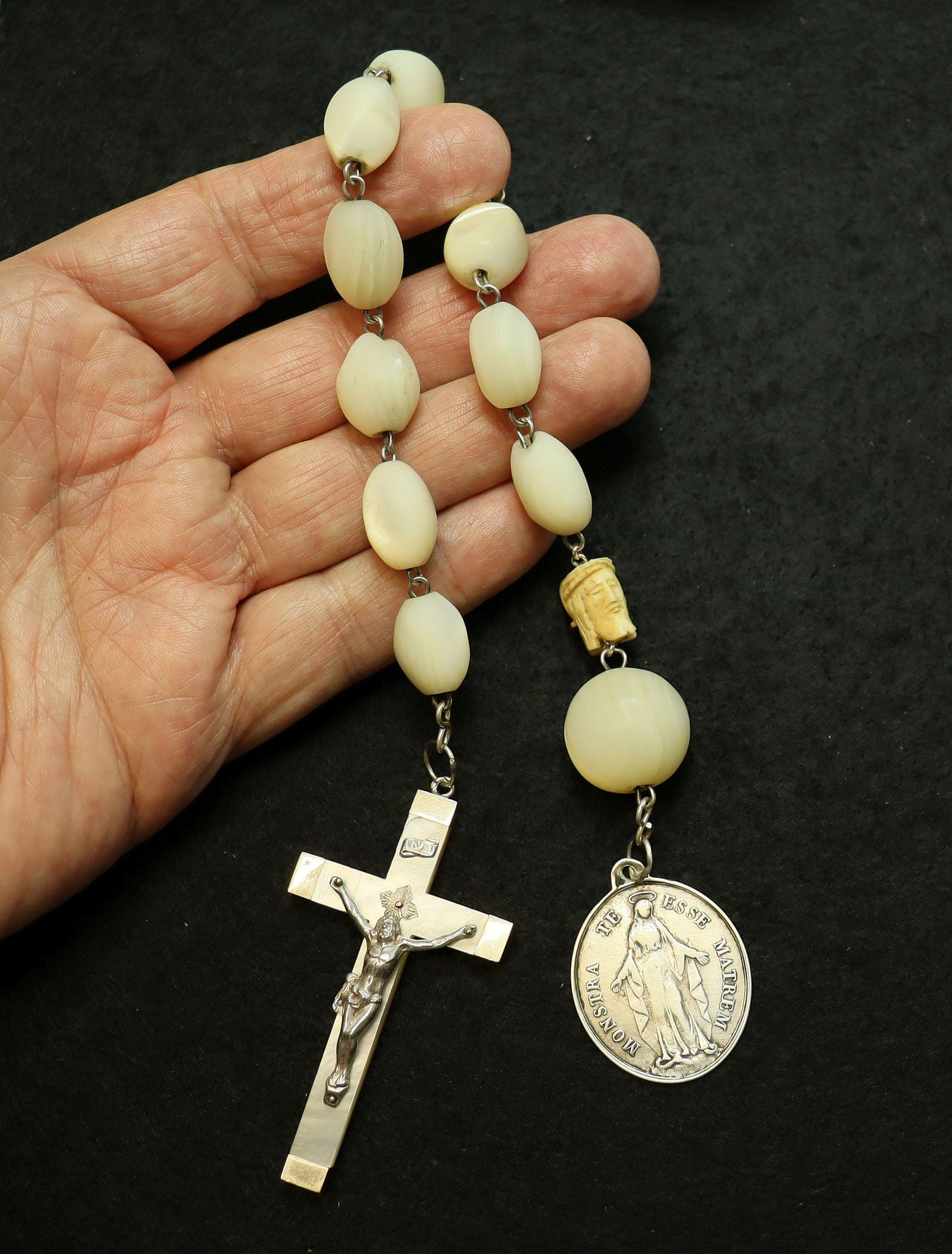 1877 MOP and Sterling V. Large Chaplet w Janus Memento Mori & Medal Children of Mary -- Antique of Extreme Rarity