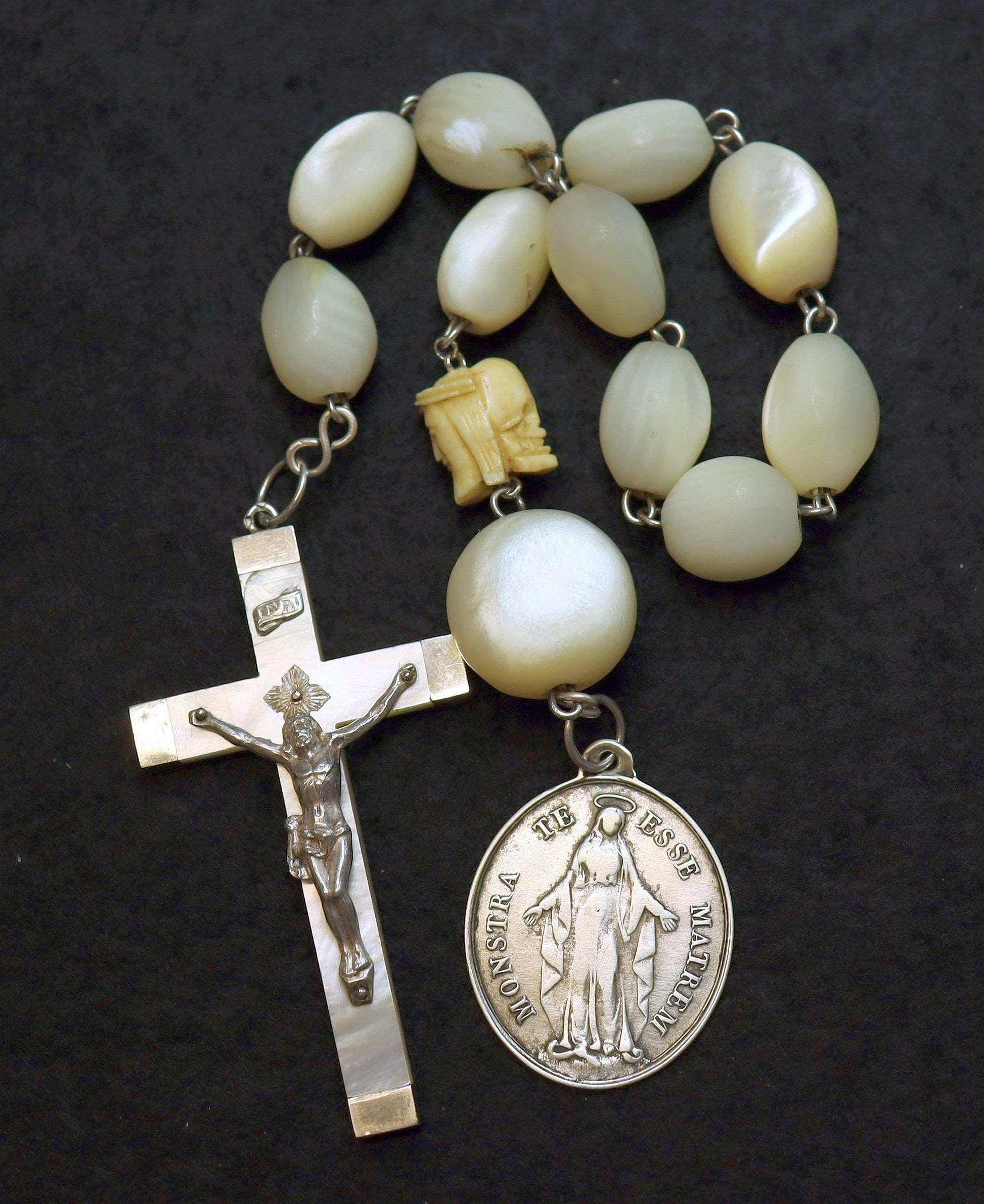 1877 MOP and Sterling V. Large Chaplet w Janus Memento Mori & Medal Children of Mary -- Antique of Extreme Rarity