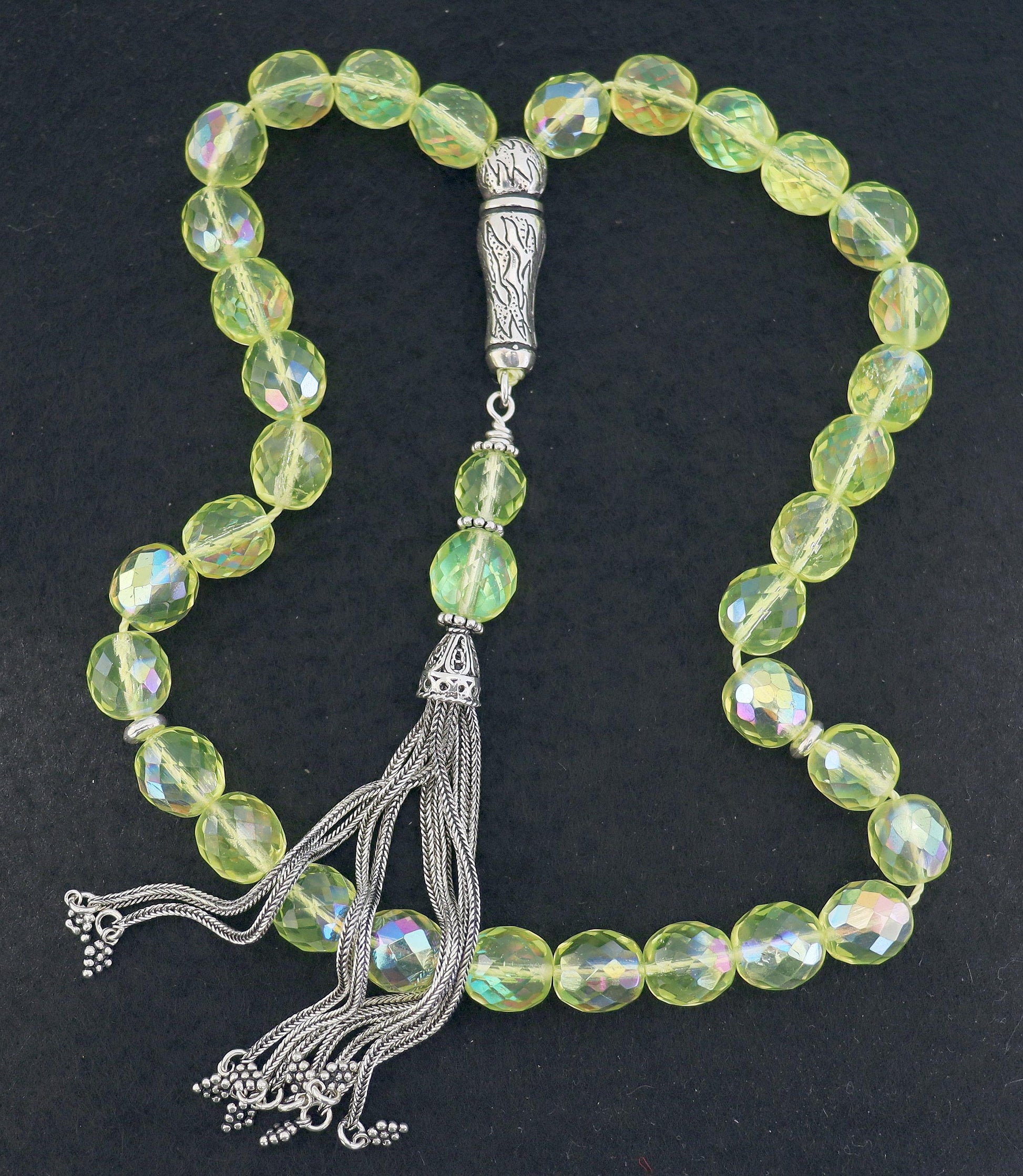 Vintage Uranium Glass Prayer Beads: Sterling Silver Tassel, Faceted Tesbih