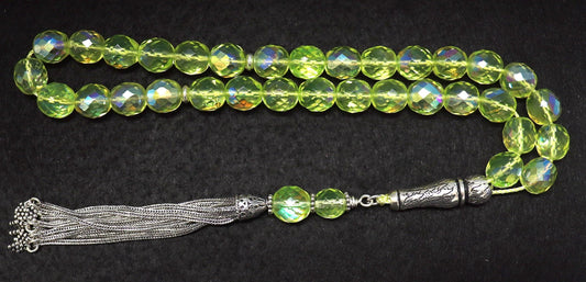 Prayer beads Tesbih Subha V. Large Vintage Uranium Vaseline Faceted Glass & Sterling Silver - UNIQUE Item seen nowhere else.