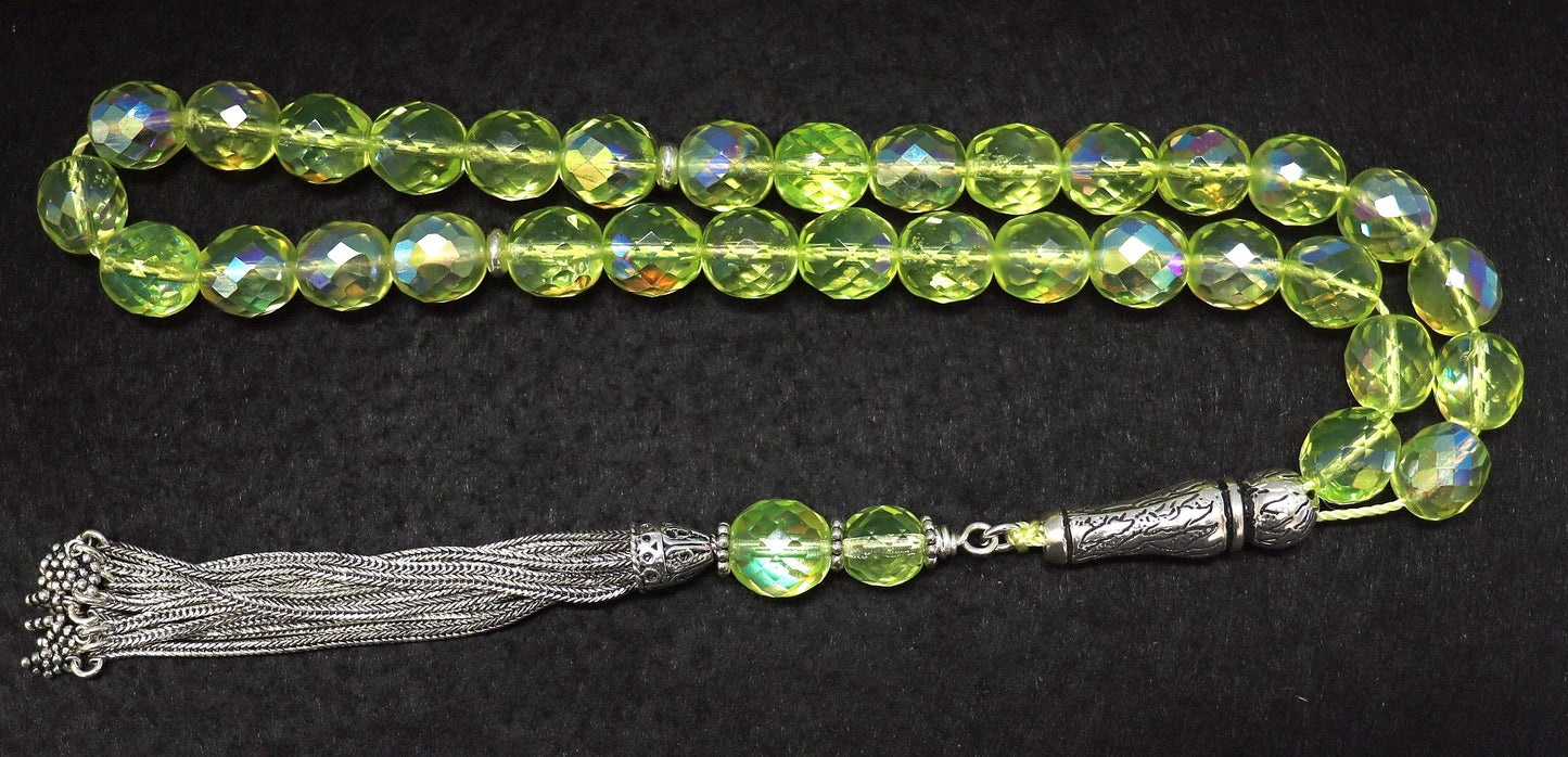 Vintage Uranium Glass Prayer Beads: Sterling Silver Tassel, Faceted Tesbih