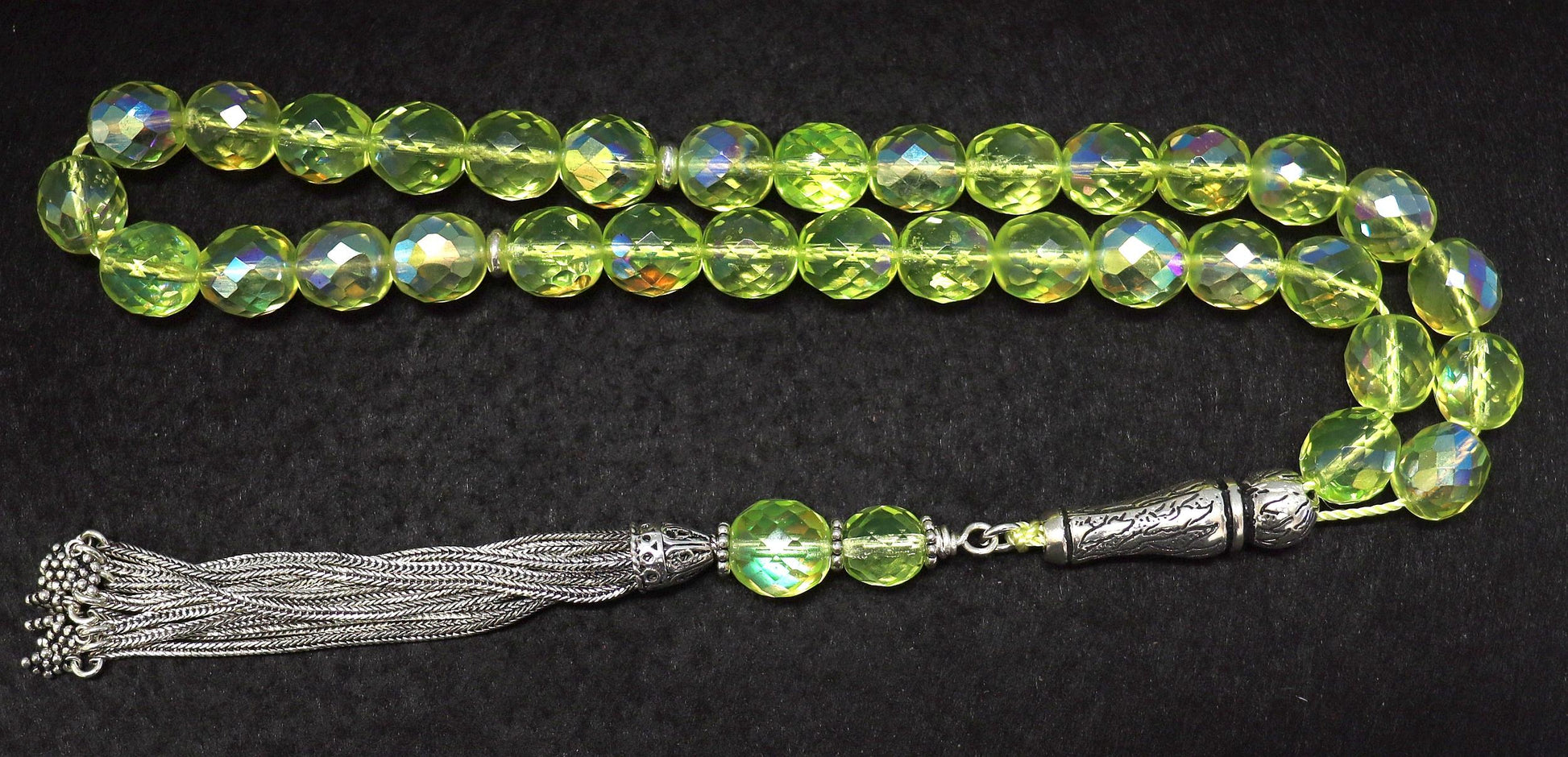 Vintage Uranium Glass Prayer Beads: Sterling Silver Tassel, Faceted Tesbih