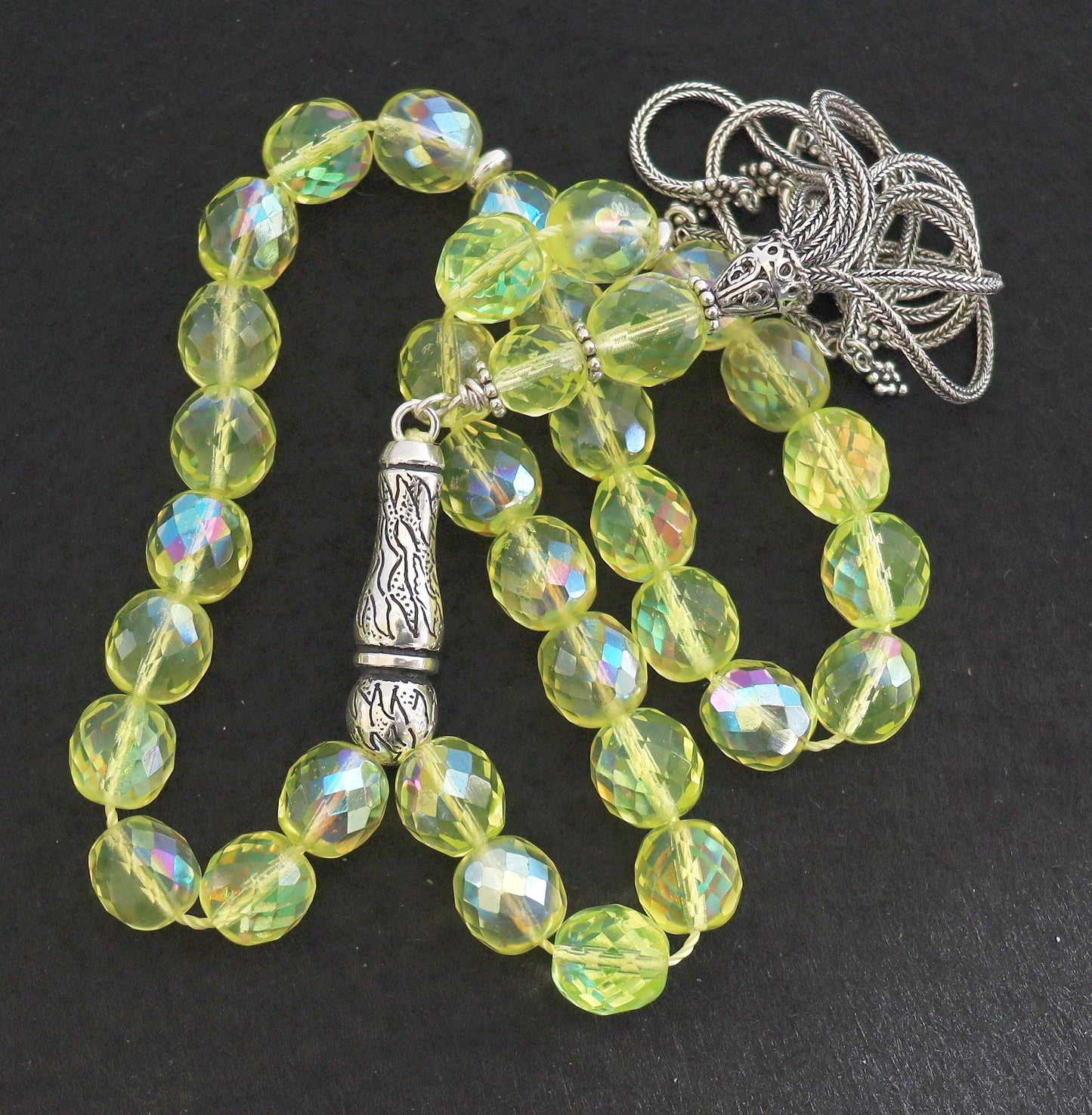 Vintage Uranium Glass Prayer Beads: Sterling Silver Tassel, Faceted Tesbih