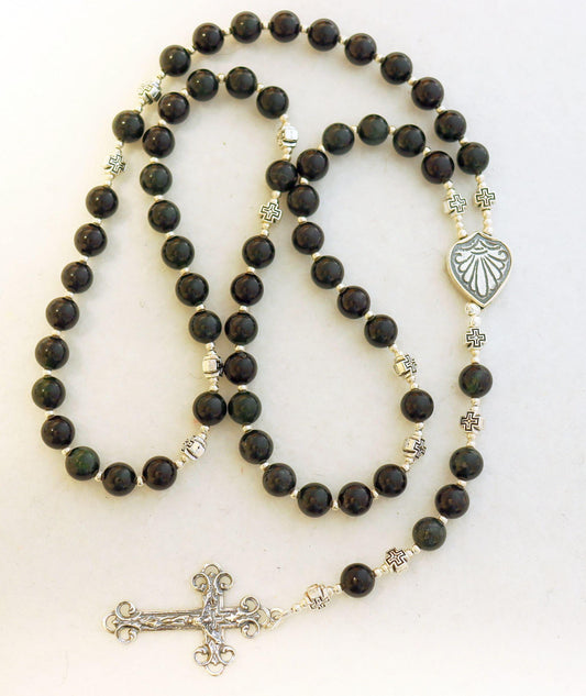 Catholic Rosary Prayer Beads Very Dark Green to Black- Canadian Jade & Sterling Silver