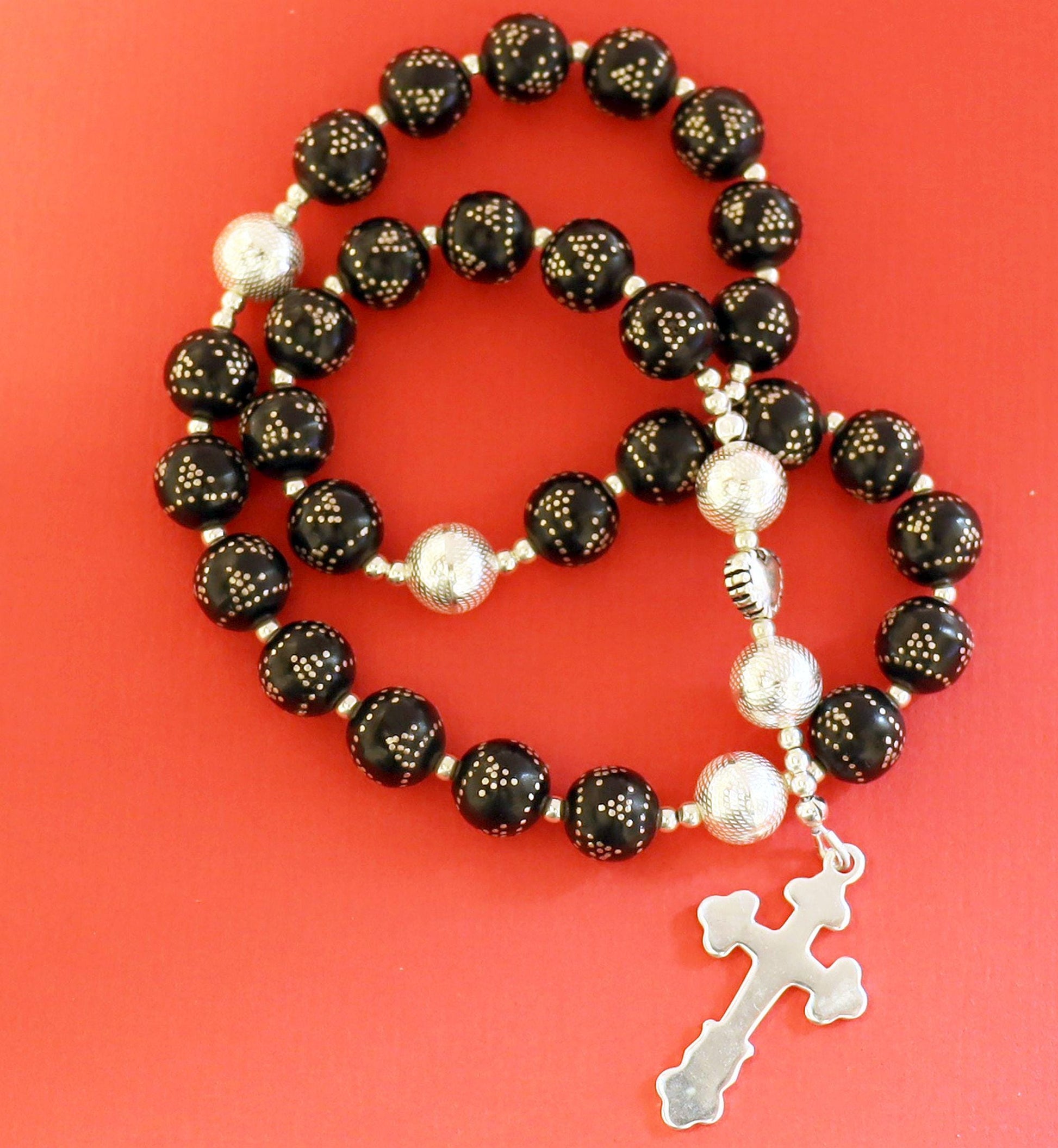 Anglican Episcopal Rosary Studded Jet & Sterling Silver Beads and Cross