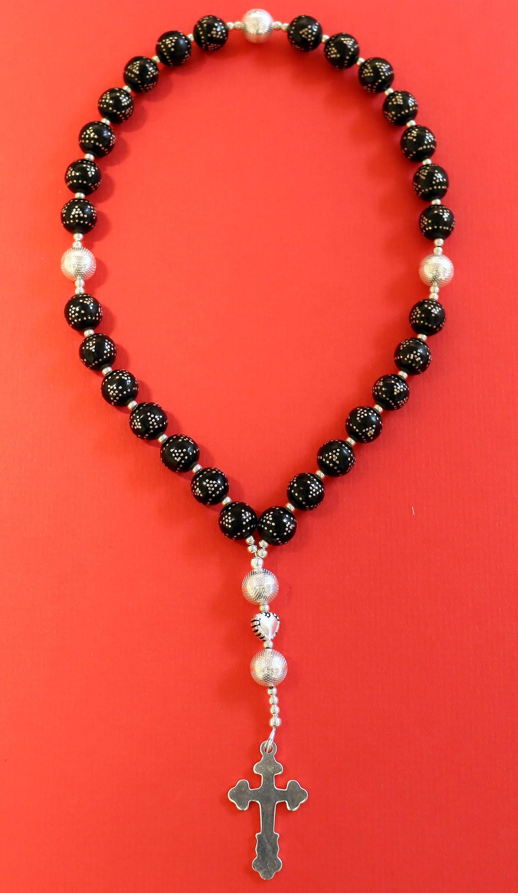 Anglican Episcopal Rosary Studded Jet & Sterling Silver Beads and Cross