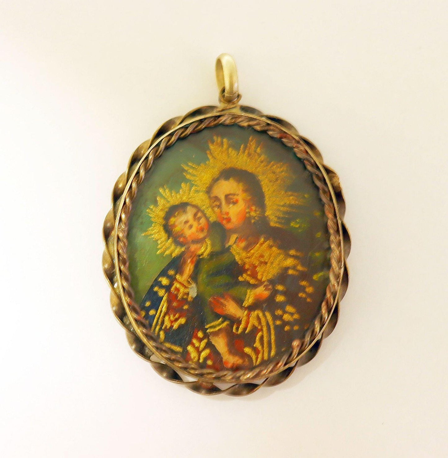 19th Cent. Cuzco School 2 sided Oil Miniature Medal w Sterling Silver Chain Our Lady Mary and Child - Archangel Gabriel - Extreme Rarity