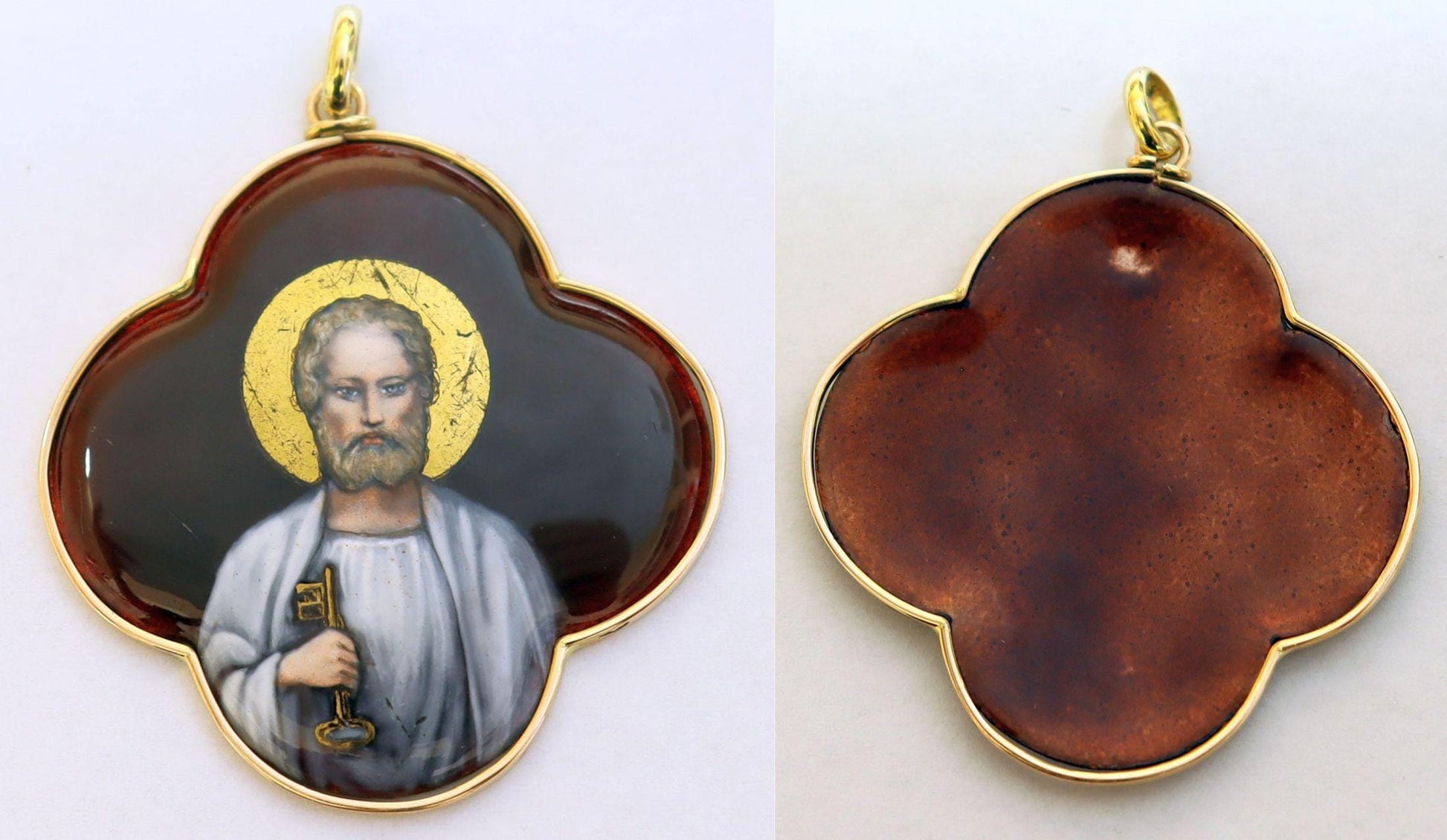 19th Cent. Very rare Saint Peter Medallion Hand Painted Limoges Enamel Antique Medalion 18 K. Gold Frame. Gift Chain