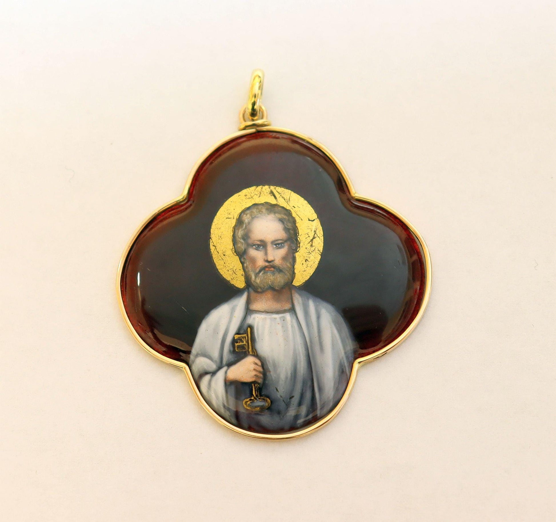 19th Cent. Very rare Saint Peter Medallion Hand Painted Limoges Enamel Antique Medalion 18 K. Gold Frame. Gift Chain