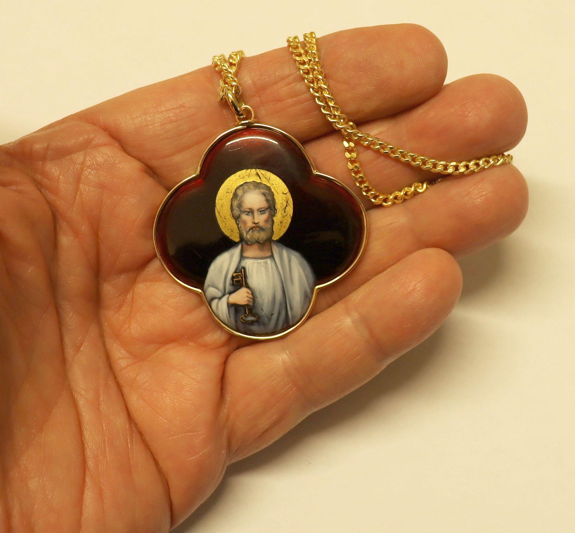 19th Cent. Very rare Saint Peter Medallion Hand Painted Limoges Enamel Antique Medalion 18 K. Gold Frame. Gift Chain