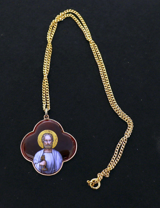 19th Cent. Very rare Saint Peter Medallion Hand Painted Limoges Enamel Antique Medalion 18 K. Gold Frame. Gift Chain