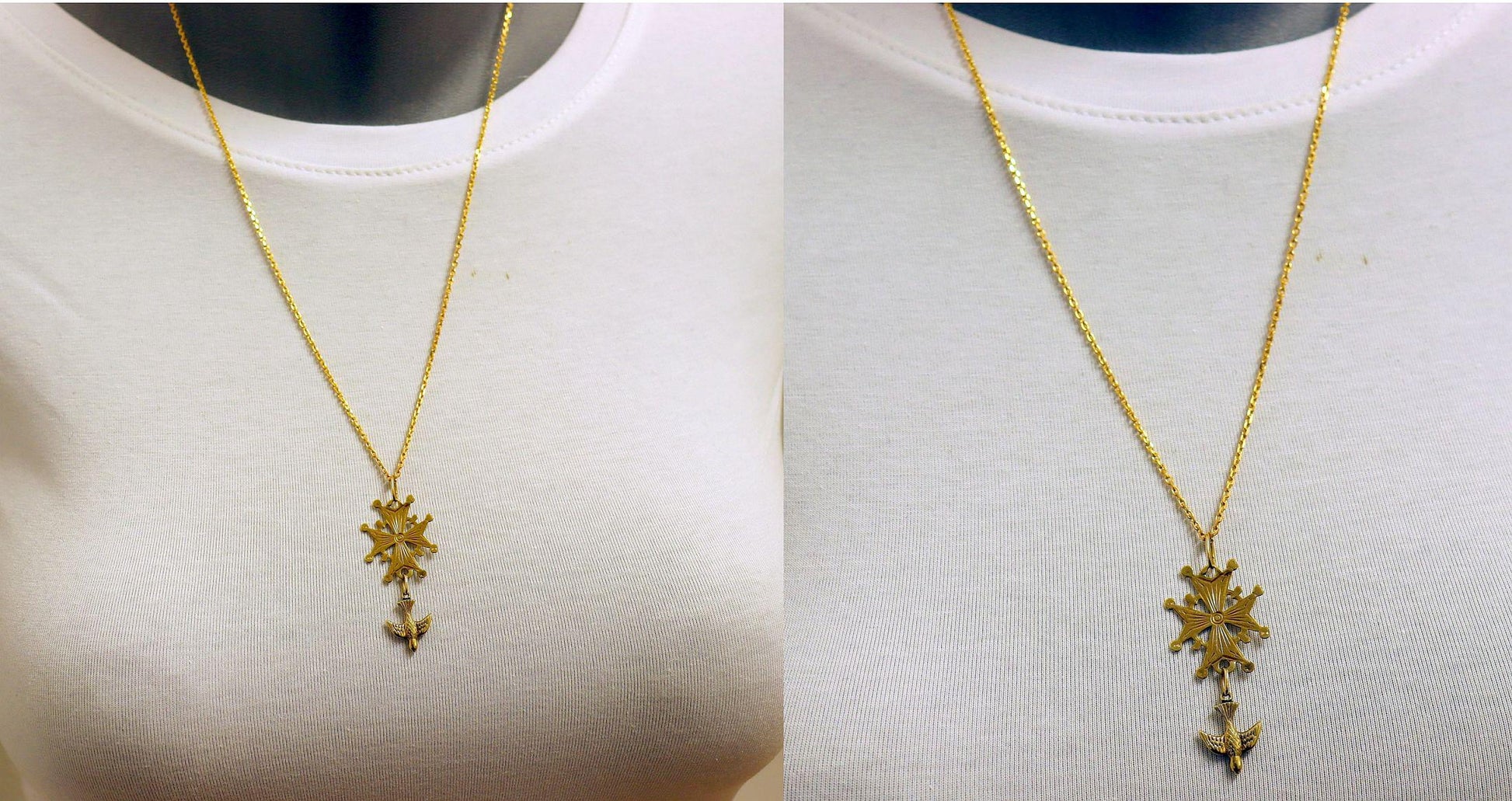 Antique French Pendant 18K Solid Gold Medal Double Sided Huguenot Cross - 1920's