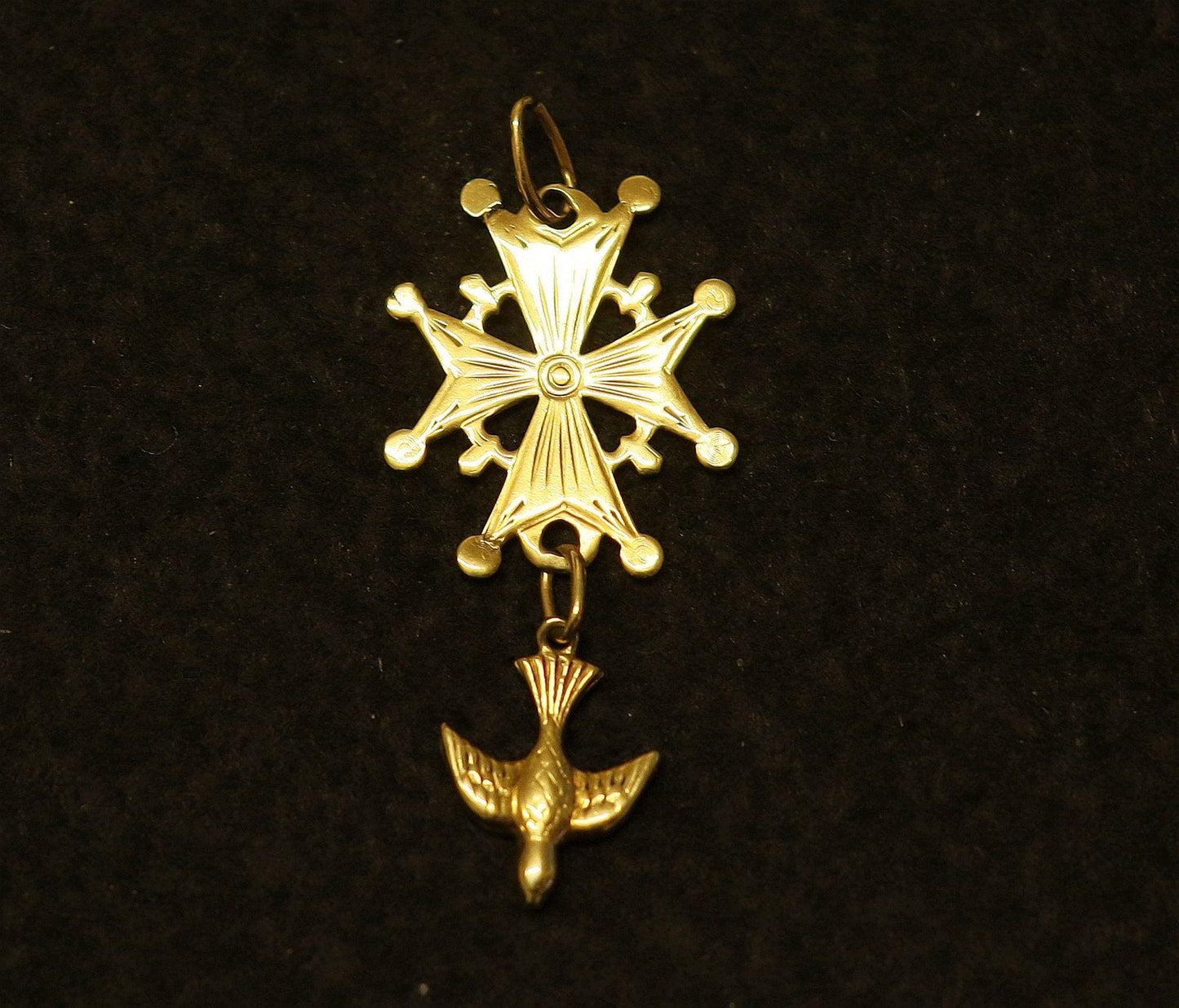 Antique French Pendant 18K Solid Gold Medal Double Sided Huguenot Cross - 1920's