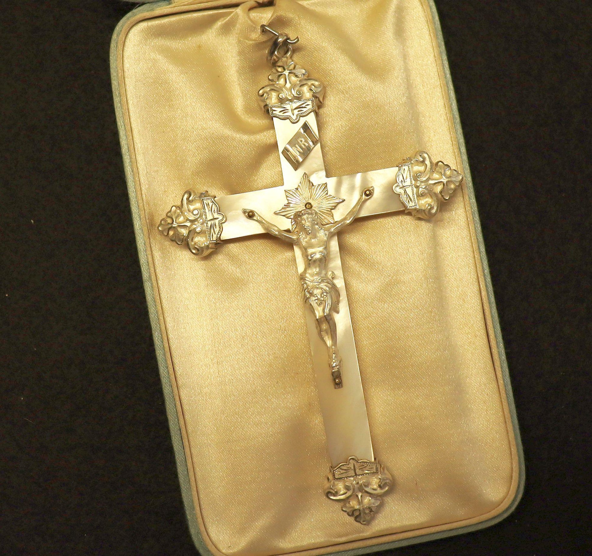 Impressive and Rare French Mother of Pearl & Sterling Silver Large Cross In Box – dd 1896 Never Used Brand New - Unique Museum Item