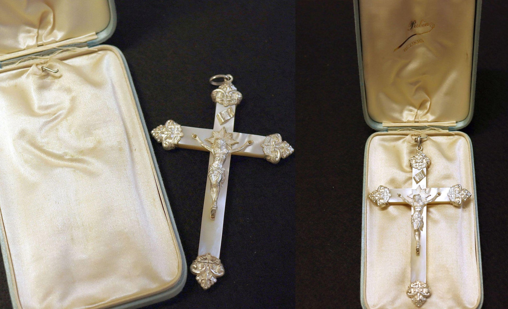 Impressive and Rare French Mother of Pearl & Sterling Silver Large Cross In Box – dd 1896 Never Used Brand New - Unique Museum Item