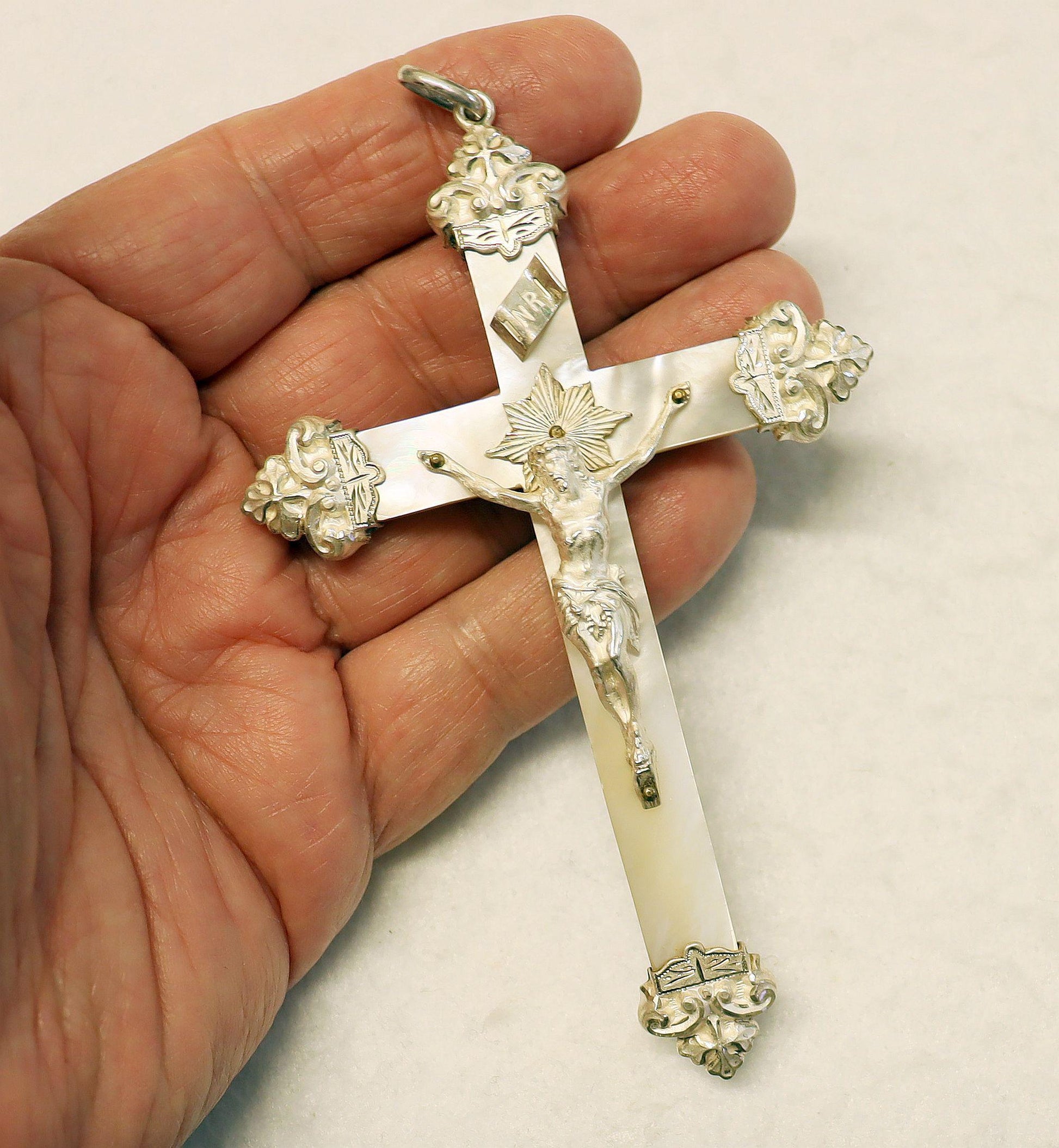 Impressive and Rare French Mother of Pearl & Sterling Silver Large Cross In Box – dd 1896 Never Used Brand New - Unique Museum Item