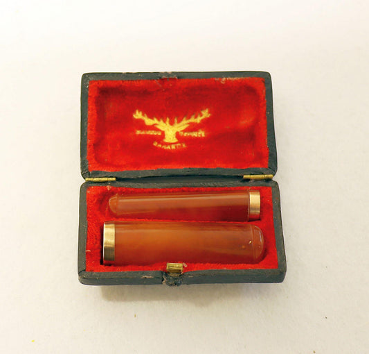 Vintage Early 1900's Butterscotch Amber w 18 K. Gold Rim, Cased Set Cigar & Cigarette Holders - UNUSED - New Old Stock